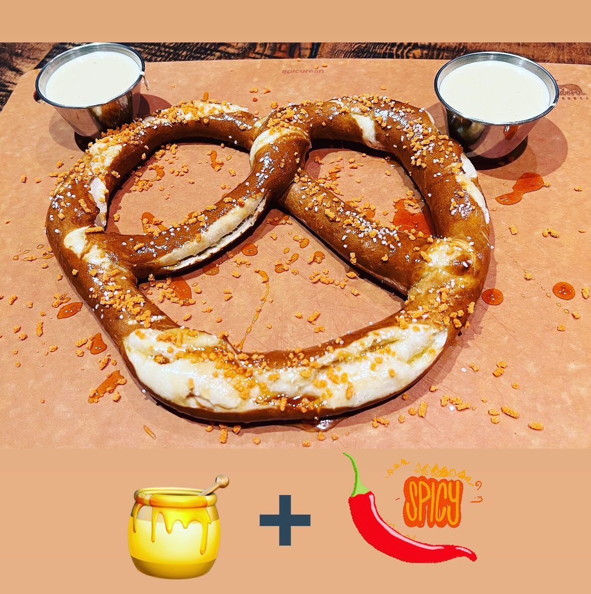 🚨 Meet the Newest Addition 🚨 
.
The Honey Hot Habanero Pretzel! 
.
A Giant Hand Twisted Bavarian Pretzel with a Honey Buttered Crust, Lightly Sprinkled with Salt, then Dusted with Habanero Spice Crystal&rsquo;s! Served with our House-made Beer Chee