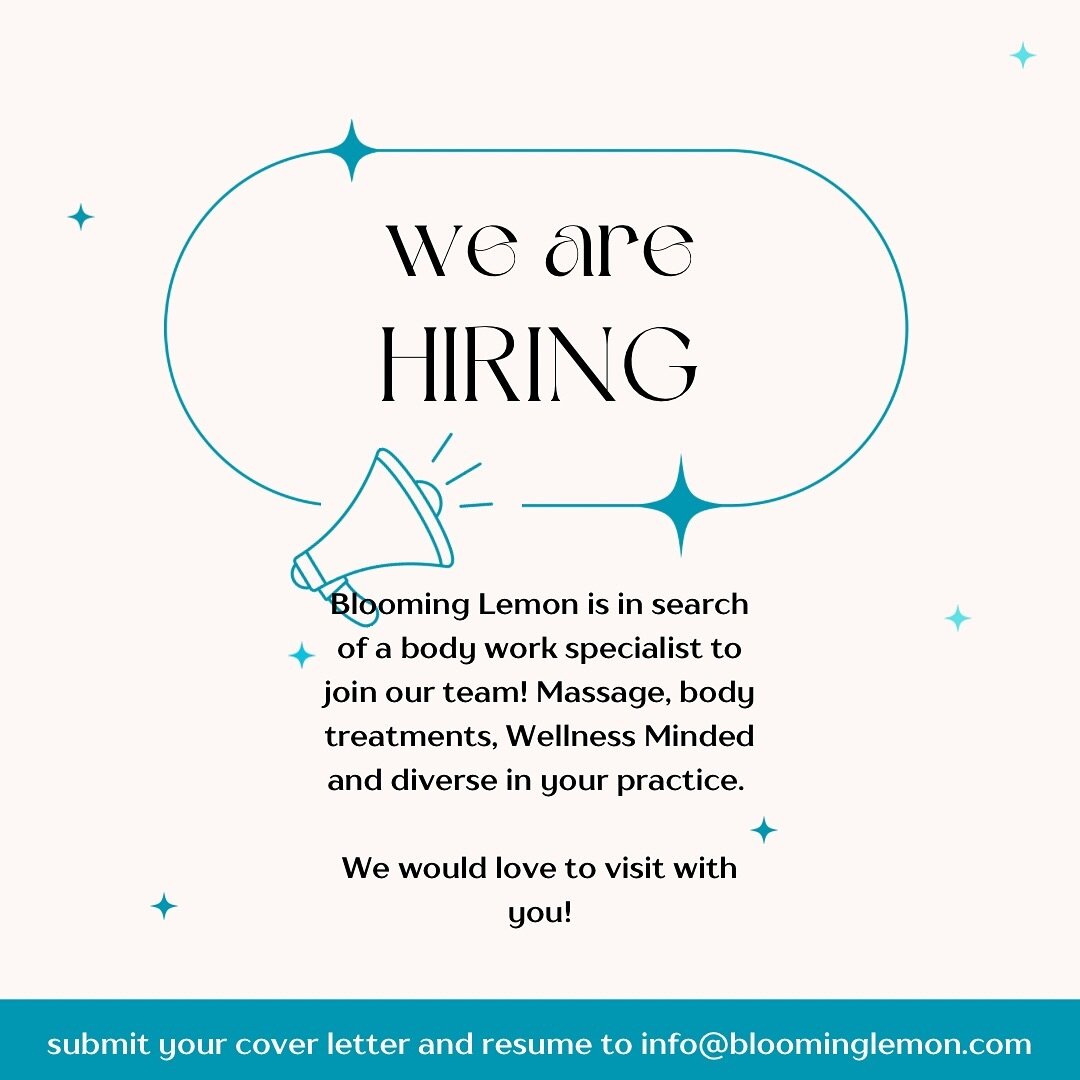 Are you a massage therapist looking to join an exciting team? Send your cover letter &amp; resume to info@bloominglemon.com🍋 We look forward to hearing from you!!