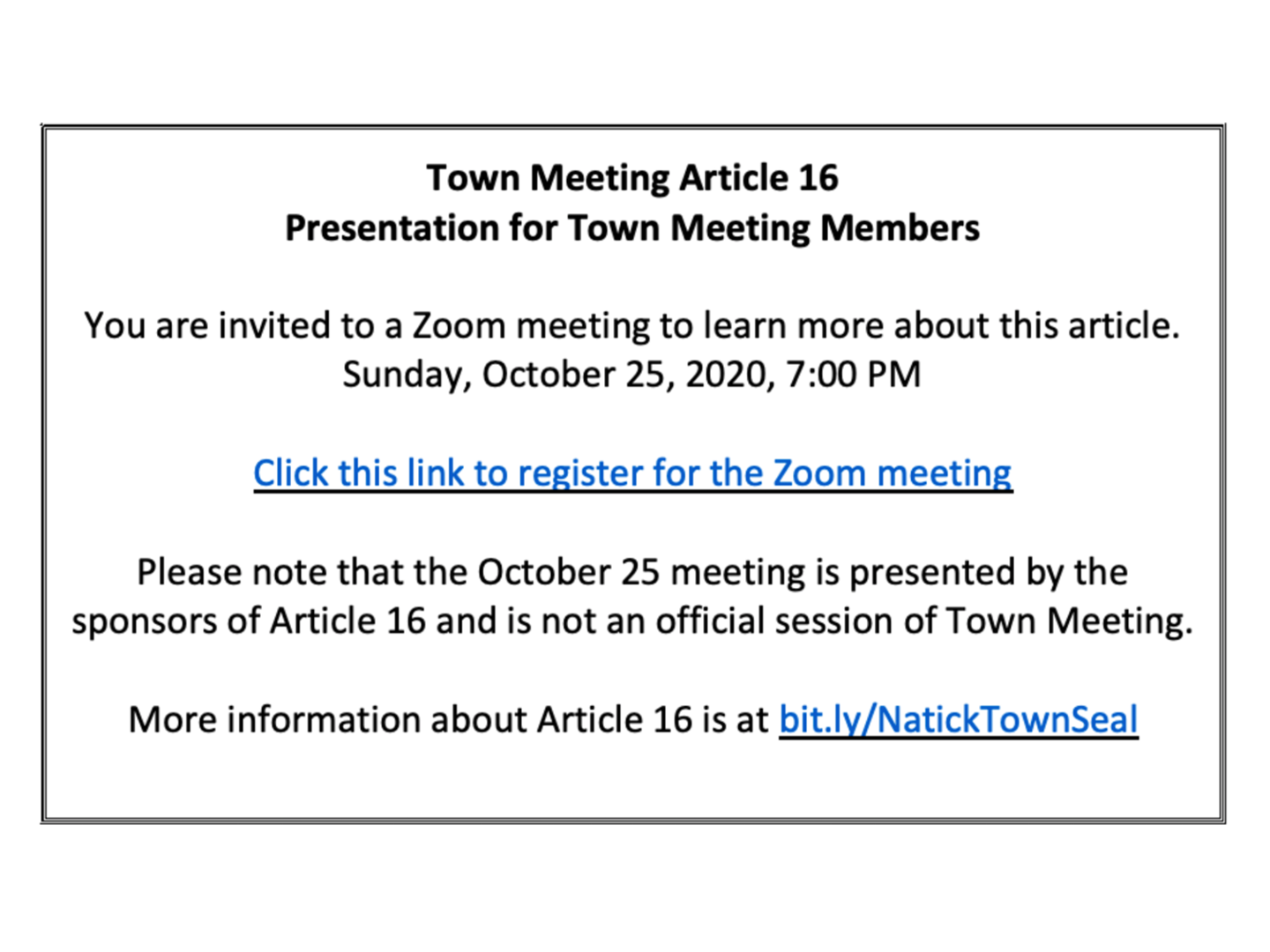 Town Meeting Article 16 Presentation for Town Meeting Members