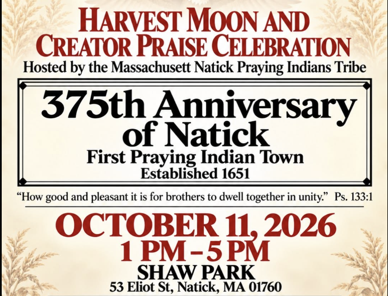 Natick Praying Indians Harvest Moon Celebration