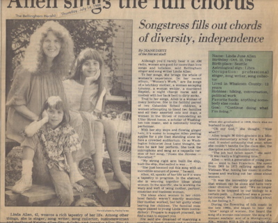 Here’s a news article from this time, with Jen and Kristin. They sometimes travelled with me around Washington as I collected songs and presented concerts.