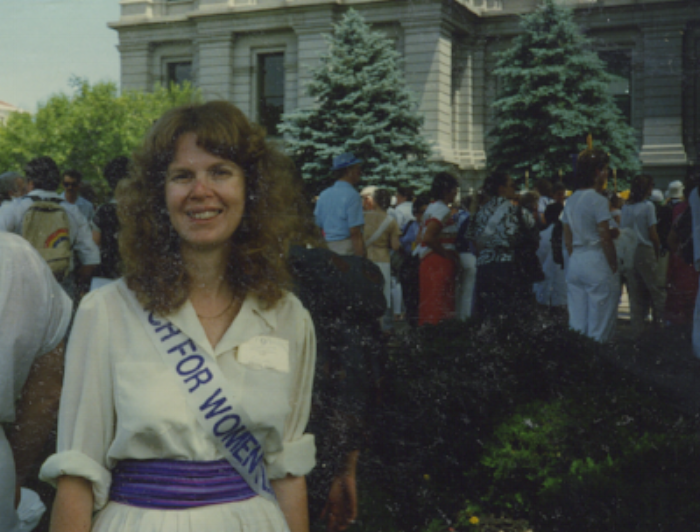 Marching for the ERA in Denver, about 1986. I was in Denver to sing for the National NOW Conference.