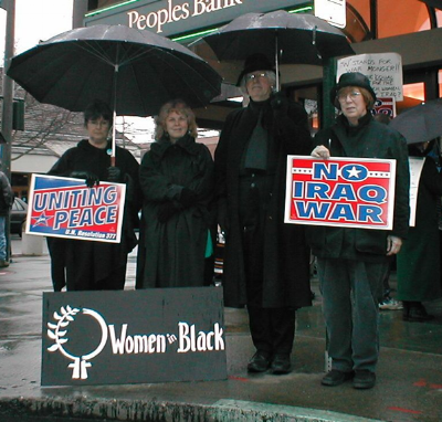 I started a local chapter of Women in Black in the lead-up to the Iraq War. Later I stood with the original Women in Black in King David Square in Jerusalem. On the far right in the above photo is my dear friend and ally on many projects, Joan Muenscher. I still miss her.