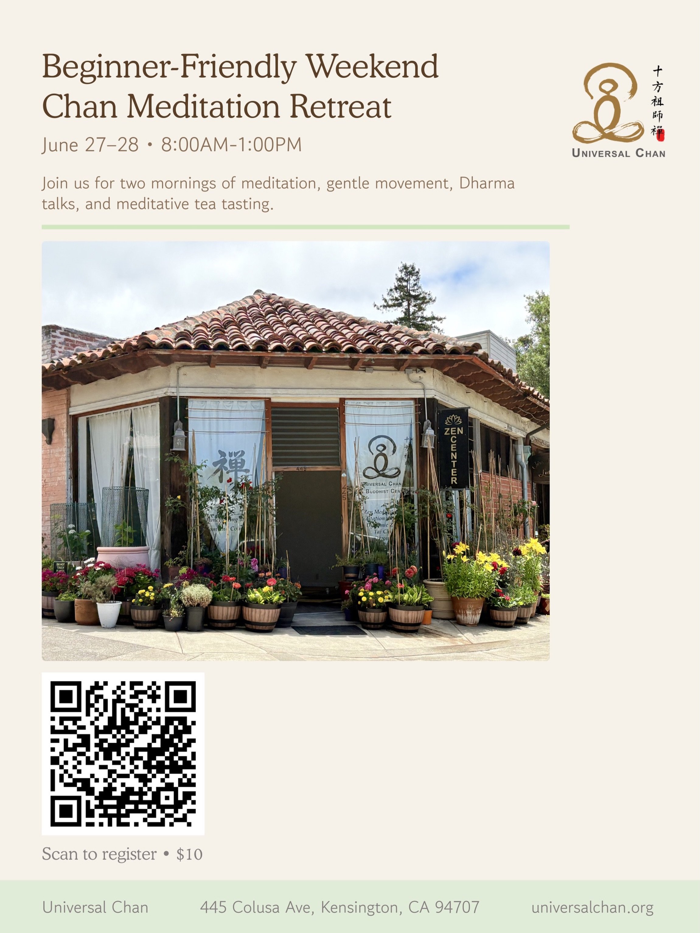 Beginner-Friendly Weekend Chan Meditation Retreat
Sat&ndash;Sun, June 27&ndash;28 &bull; 8:00 AM&ndash;1:00 PM

Join us for two mornings of Chan practice, meditation, and tea tasting. Open to both beginners and experienced practitioners.

Chan Buddhi