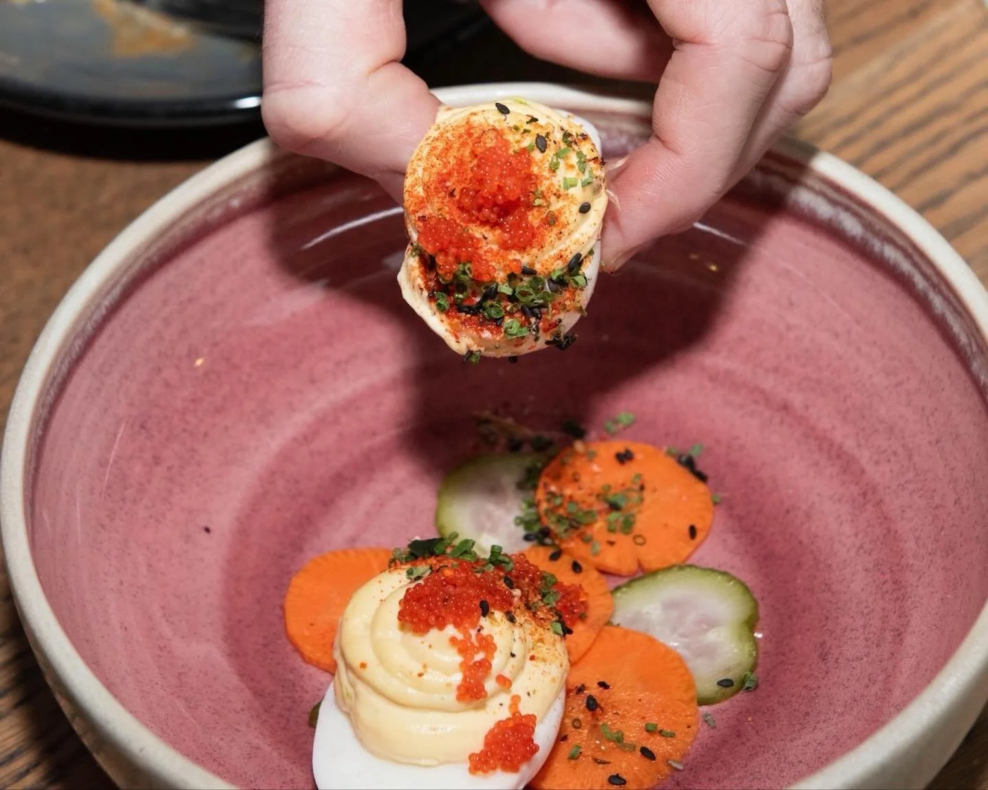 Miso deviled eggs with tobiko and furikake. An all-time favorite, reimagined.

Perfectly paired with a cocktail or a glass of wine alongside dinner, or even during Happy Hour.