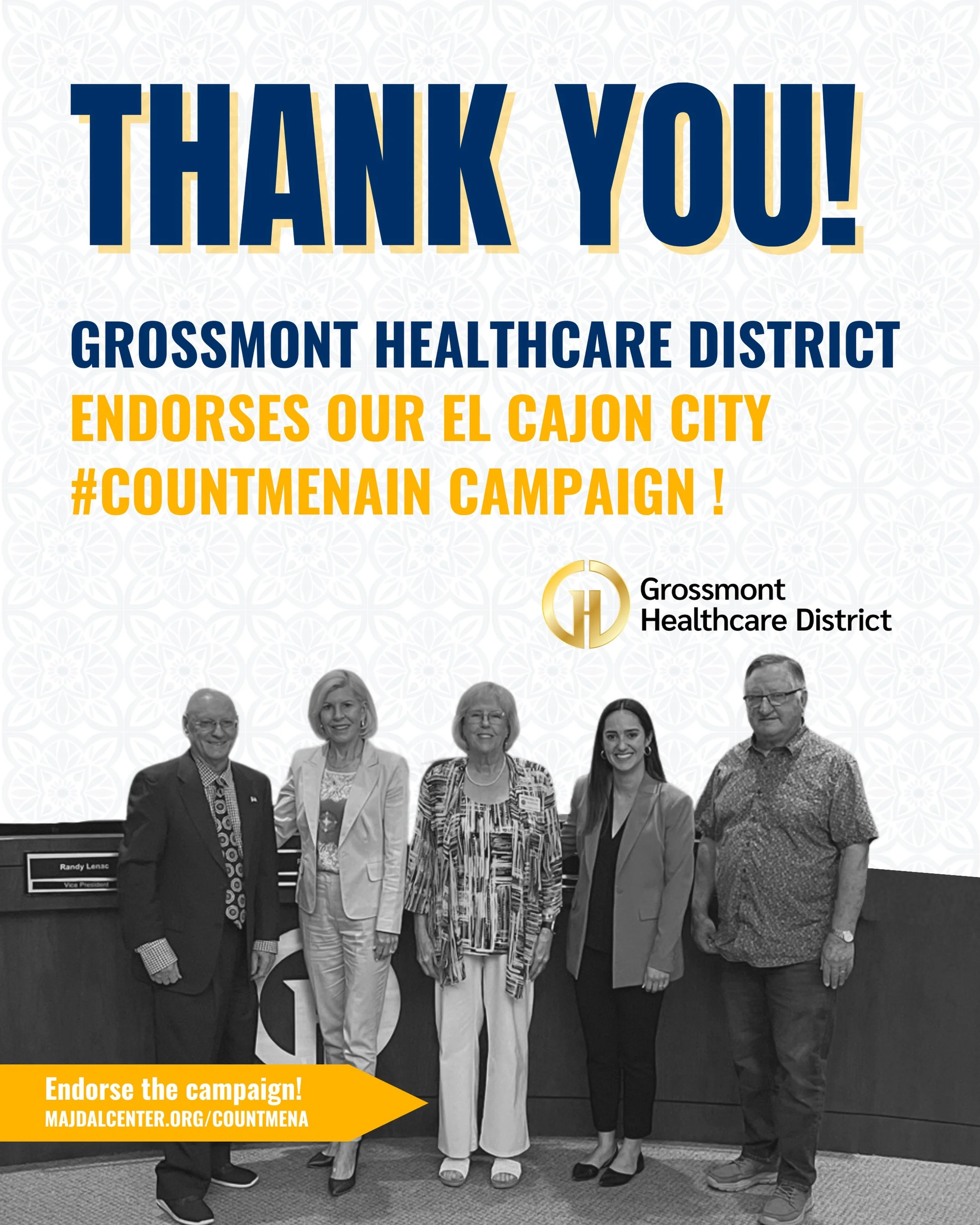 Thank you to Grossmont Healthcare District for endorsing our El Cajon City #CountMenaIn Campaign!

📝Endorse the campaign and help us reach MENA Data equity in El Cajon. Sign on as an individual or an organization : 🔗majdalcenter.org/countmena

#Cou