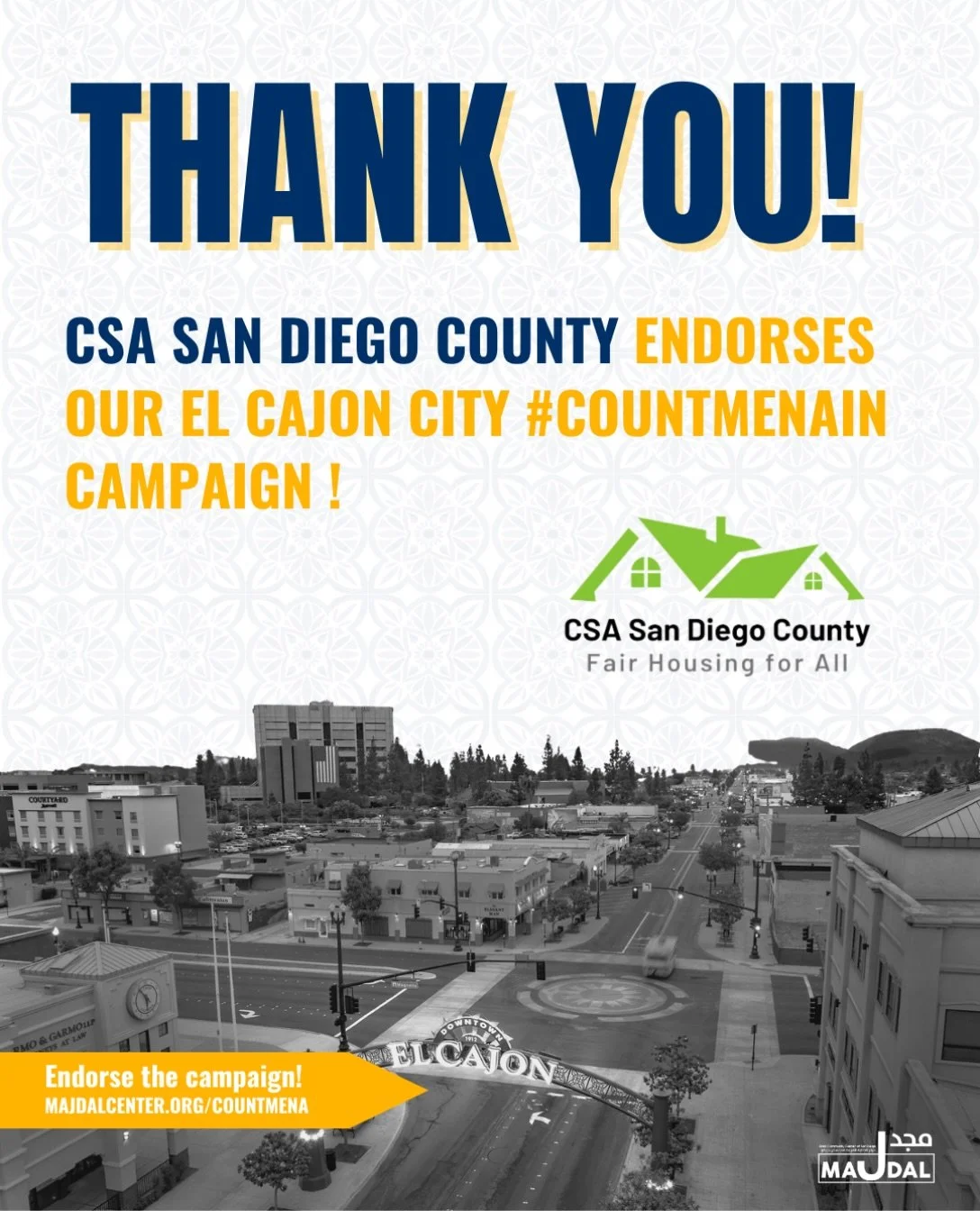 Thank you to CSA San Diego County for endorsing our El Cajon City #CountMenain Campaign!

📝Endorse the campaign and help us reach MENA Data equity in El Cajon. Sign on as an individual or an organization : 🔗majdalcenter.org/countmena

#CountMENA #M