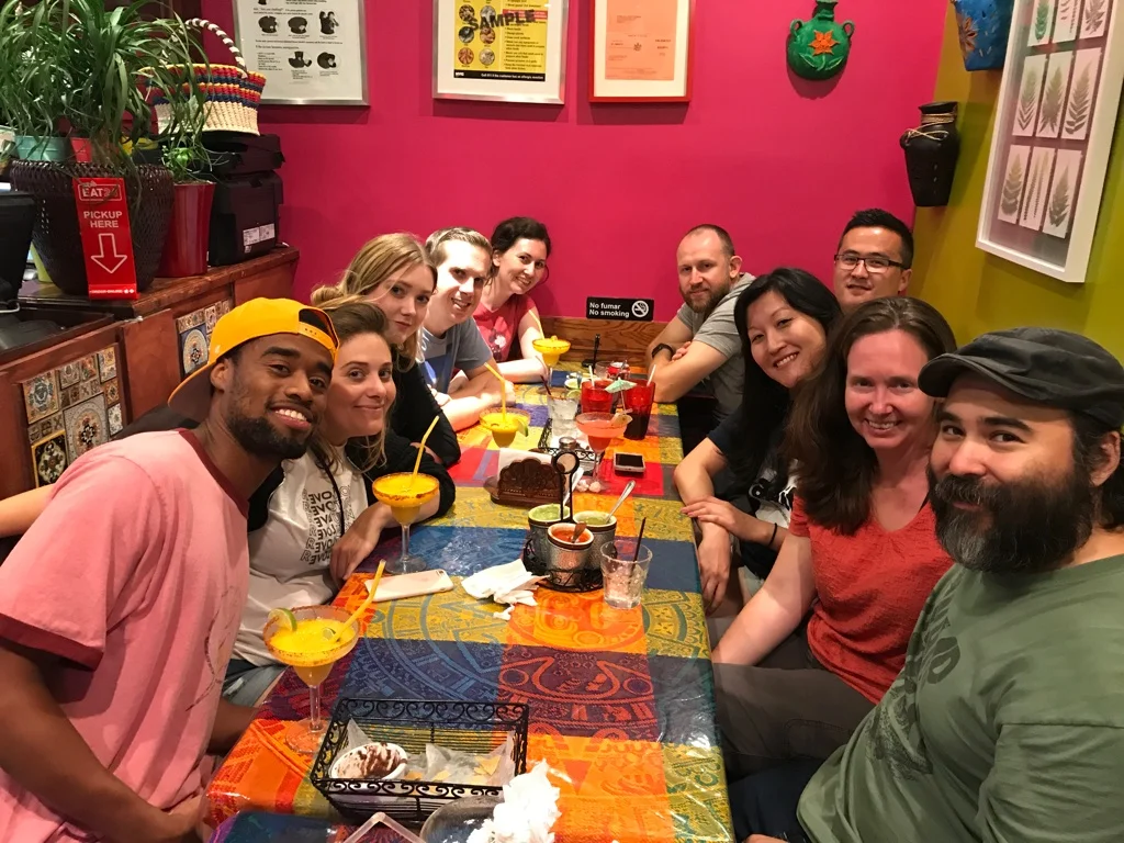 Crew wrap party at Juquila Mexican Restaurant in Jackson Heights, Queens. From left: Gerard Pickett (Stills Photography, PA), Ashley Sather (Production Coordinator), Erin Willers (Wardrobe Supervisor), Nick Carignan (Sound Mixer), Andrea Lessard (PA), Tyler Young (2nd AD), Richard Dalton (1st AD), Jen Kim (Key PA), Carylanna Taylor (Writer/Producer/Director), and Jacob Okada (Writer/Director/DP/Producer).