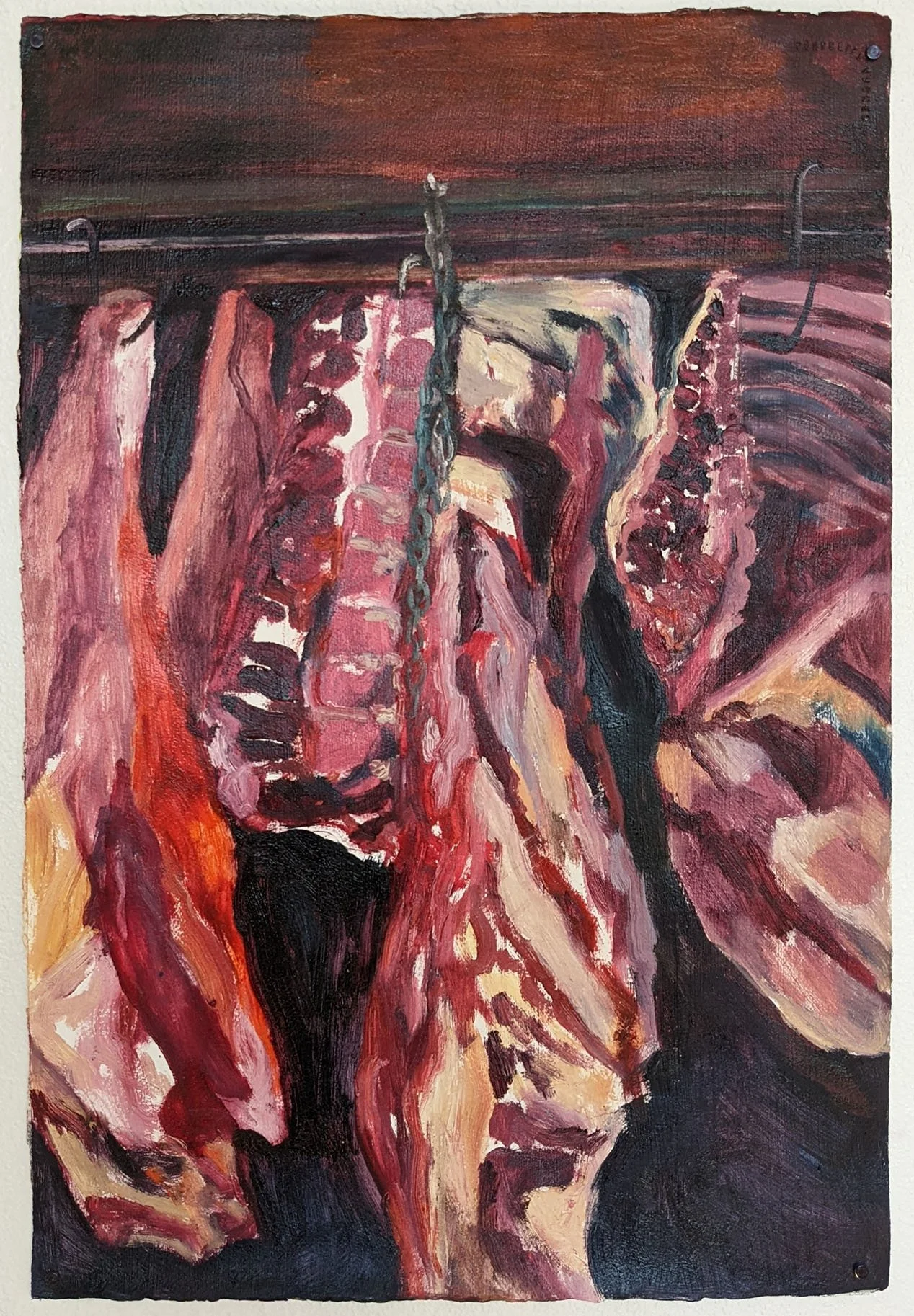   Hanging Beef,  2023. Oil on paper, 22 x 16 inches / 55.88 x 40.64 cm 