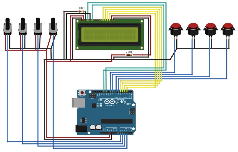  Then came the final stretch: wiring. Here's a wiring schematic I made for the controller using Fritzing. I ended up doing the wiring pretty much exactly as it's shown here, which is rare because I usually just diverge from the plan when it comes to 
