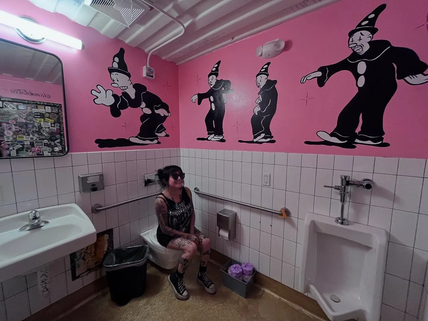 Just clownin around in Laurel at @ghosttownbrewing bathrooms. Finally finished this project of Koko the clown parading around you as you sit on your throne. Don&rsquo;t be a toy and respect the art please ;)

She&rsquo;s a tattoo artist, beertender, 