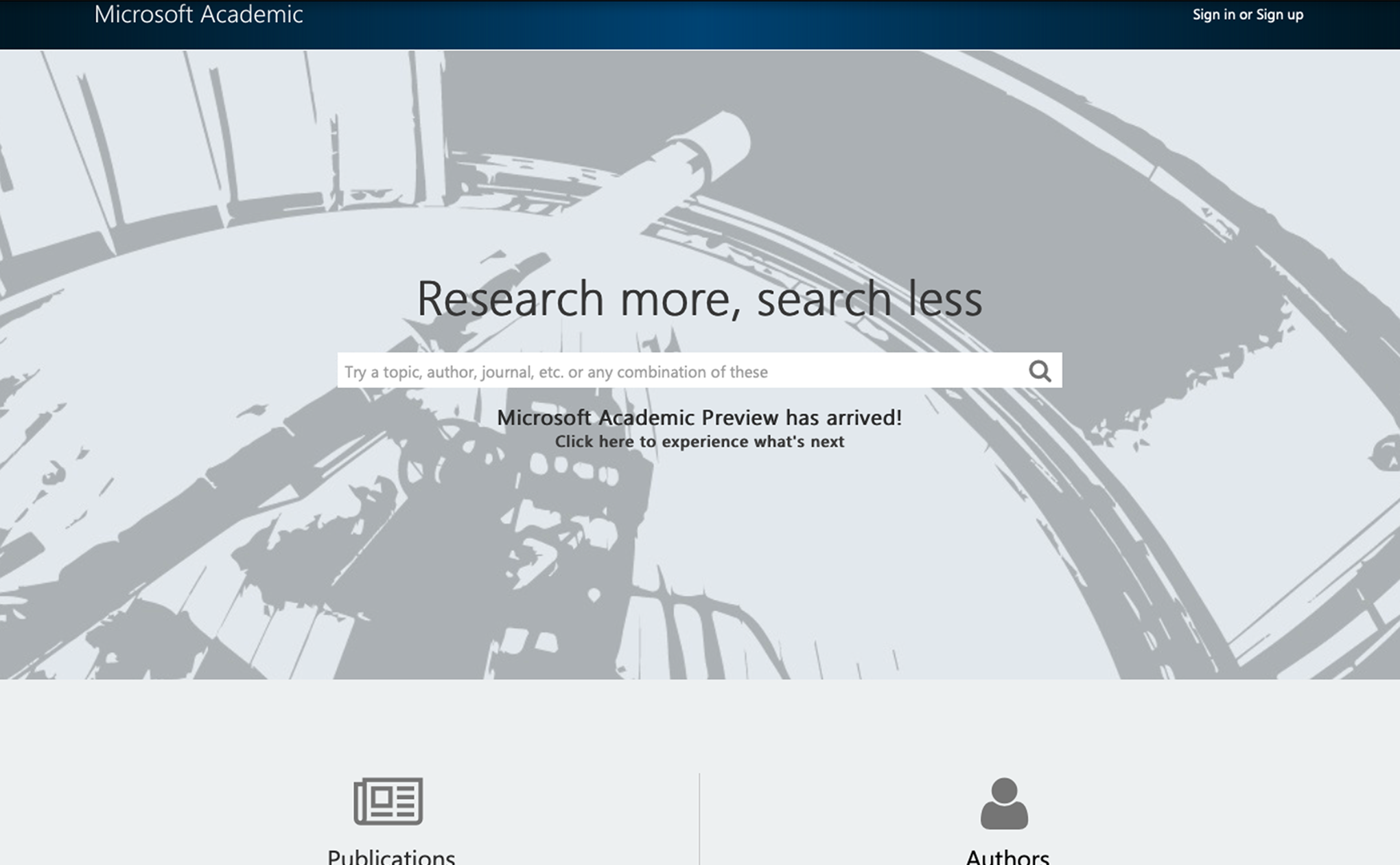Screenshot of Microsoft Academic Search interface showing the tagline Research more, search less with publication and citation statistics