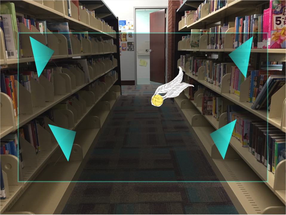 After a book is selected, the user is then led through the Library by an object, in this case a Golden Snitch from Harry Potter , as well as arrows