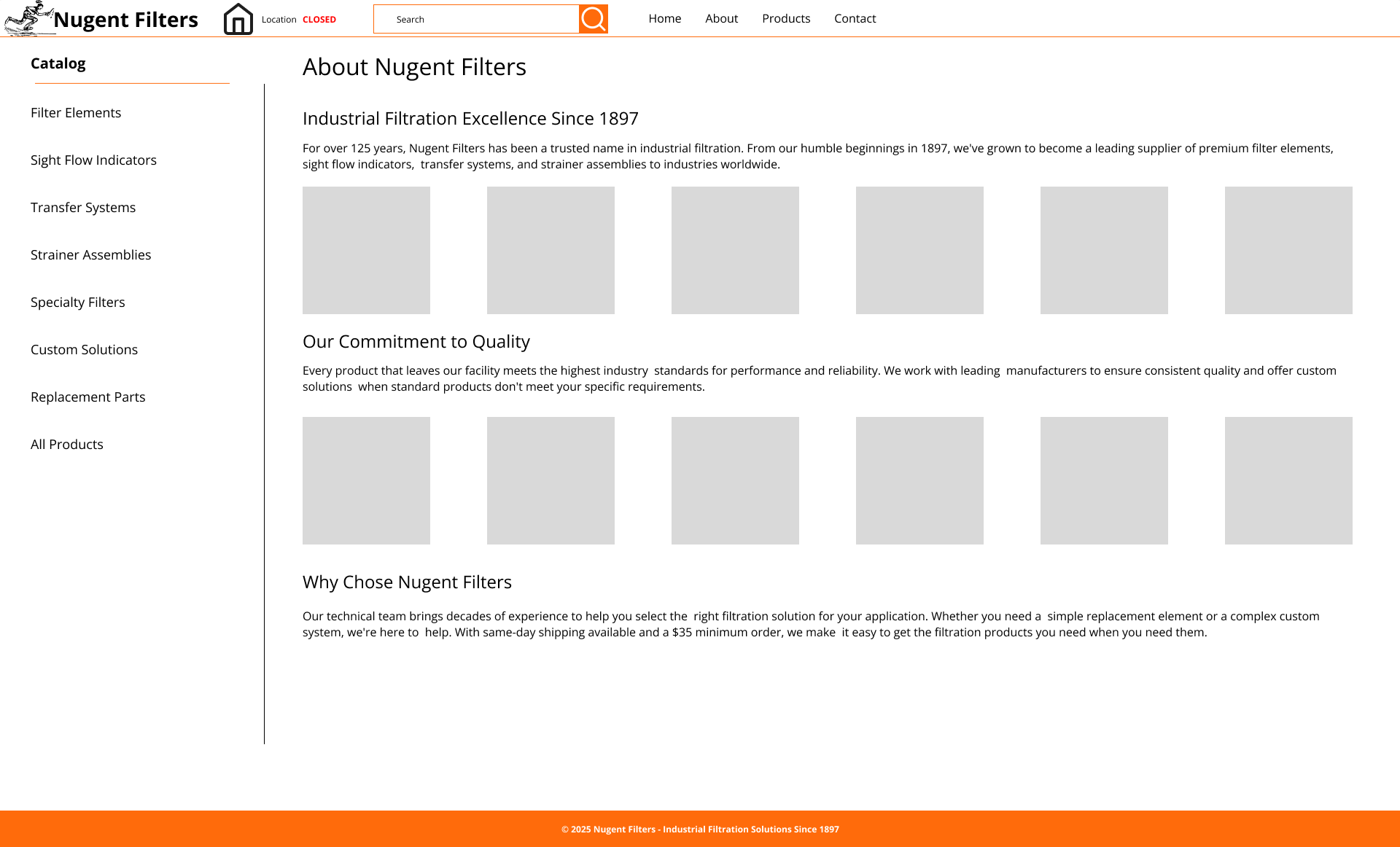 Lo-fi wireframe for Nugent Filters about page with company story and image placeholders