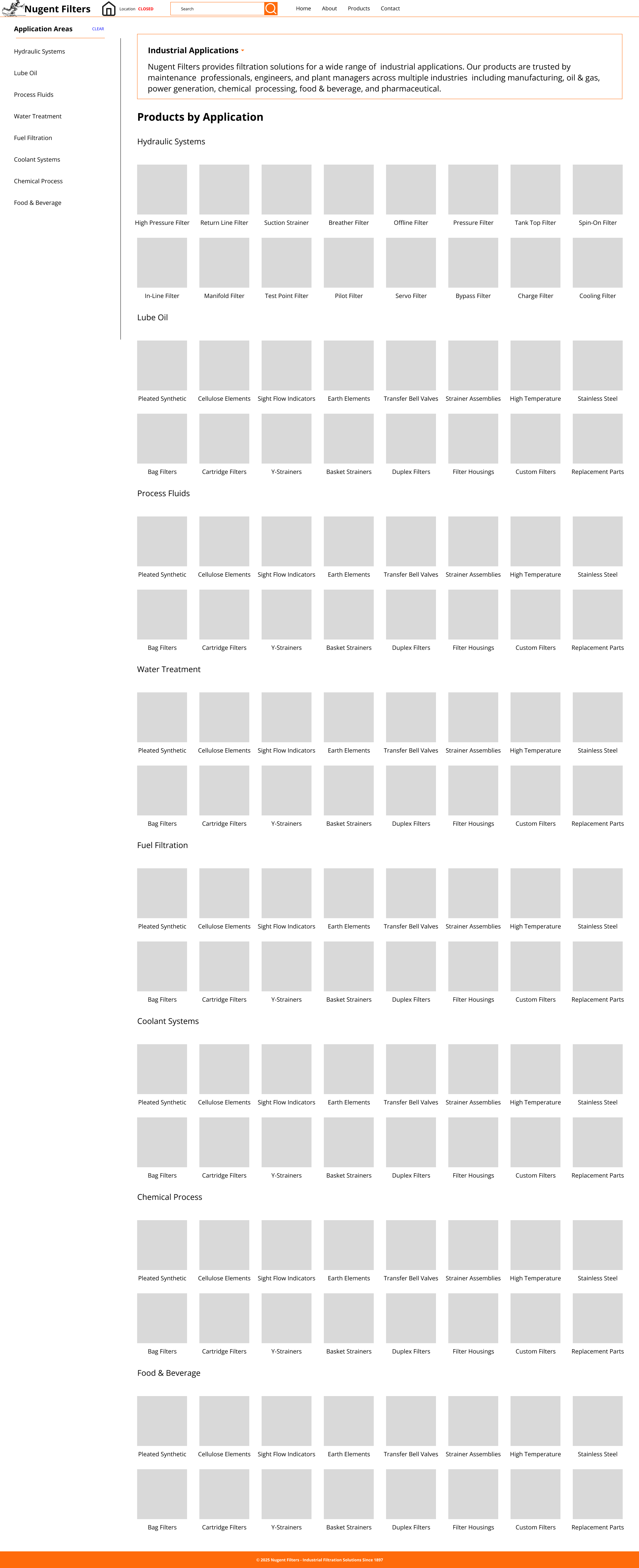 Lo-fi wireframe for Nugent Filters product family page with application-based browsing across seven industries