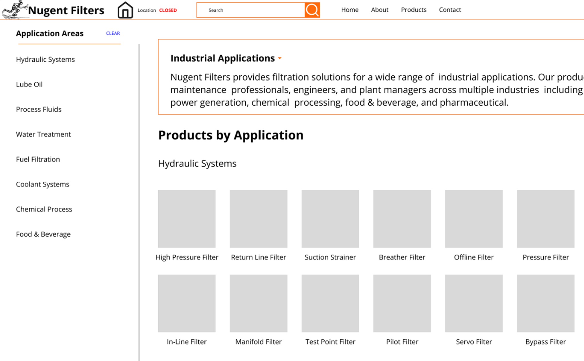 Lo-fi wireframe showing Nugent Filters product family page with application-based browsing sidebar and Hydraulic Systems product grid