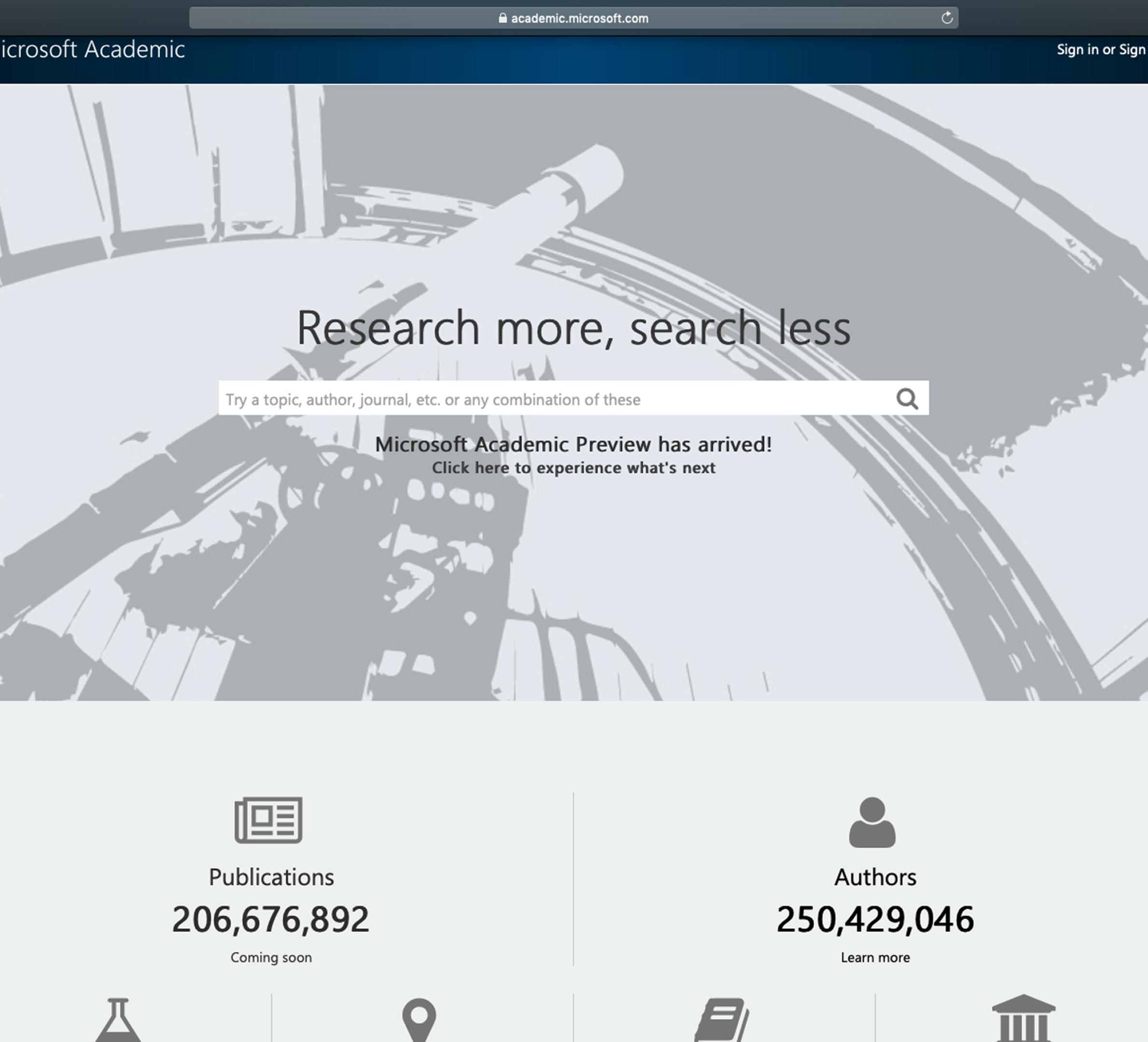Screenshot of Microsoft Academic Search interface showing the tagline Research more, search less