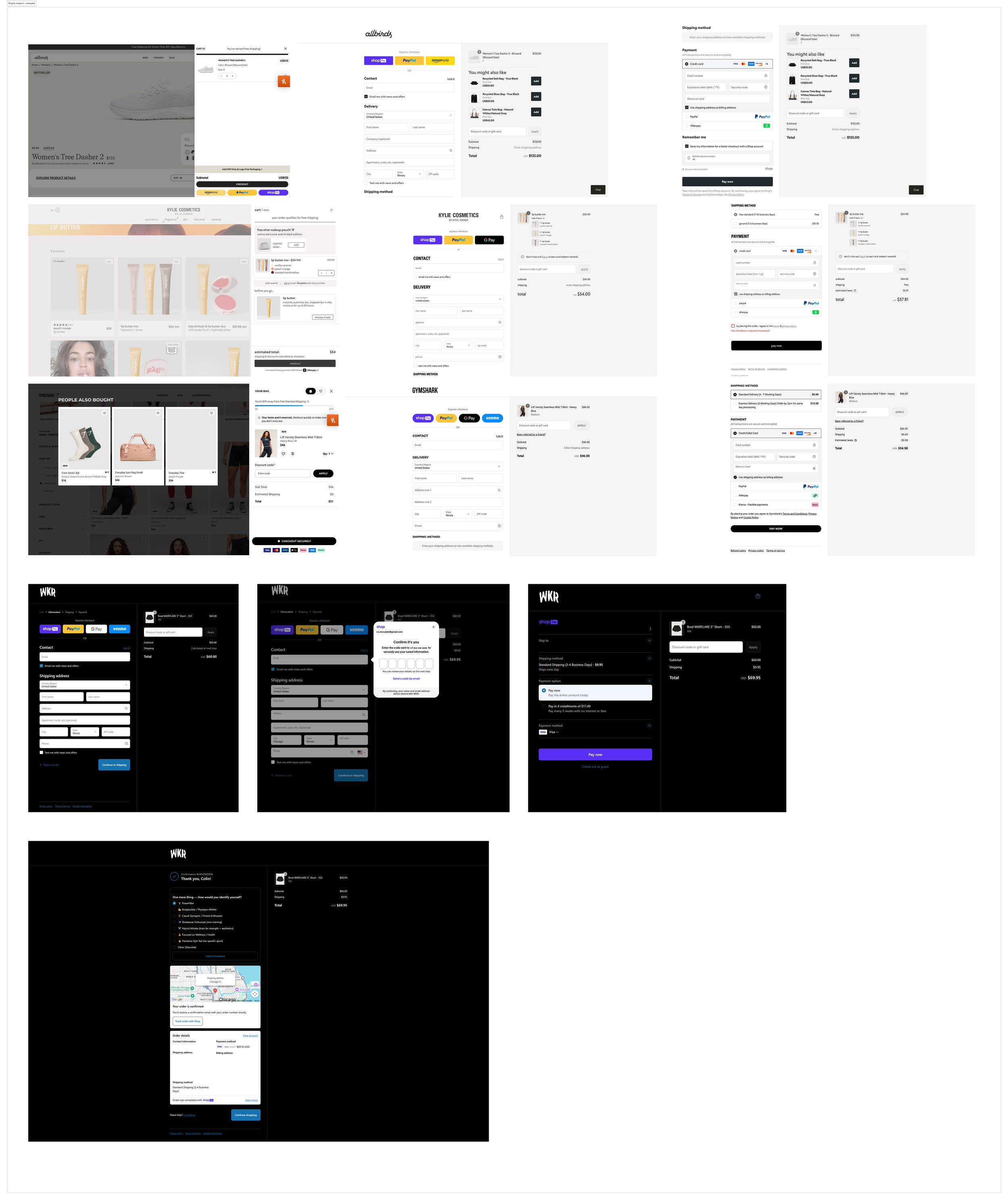 Competitive research reference showing e-commerce checkout flows from consumer brands including Allbirds, Gymshark, and others, used to inform best practices for the Nugent Filters purchase experience