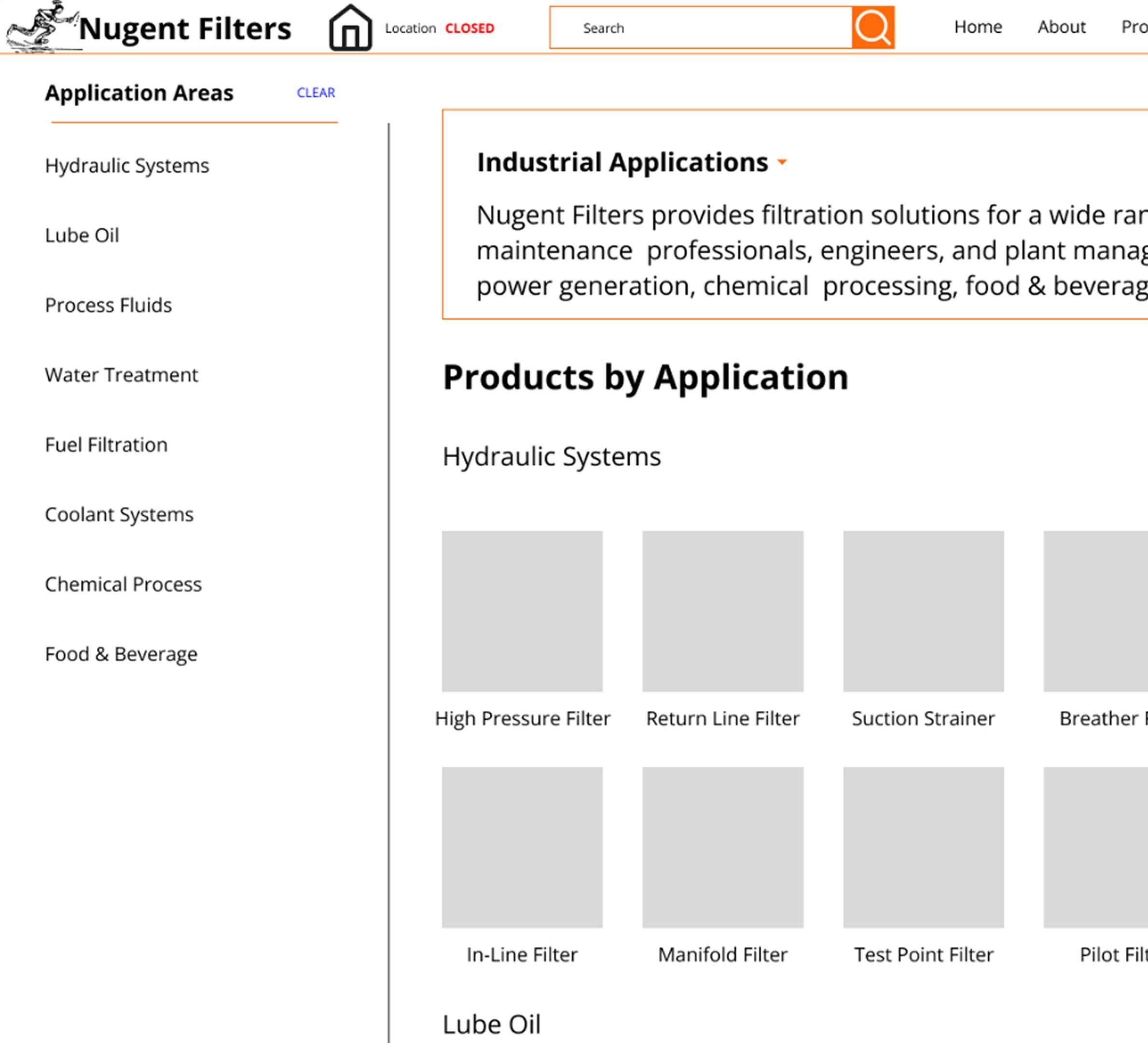Lo-fi wireframe showing Nugent Filters product family page with application-based browsing sidebar and product grid