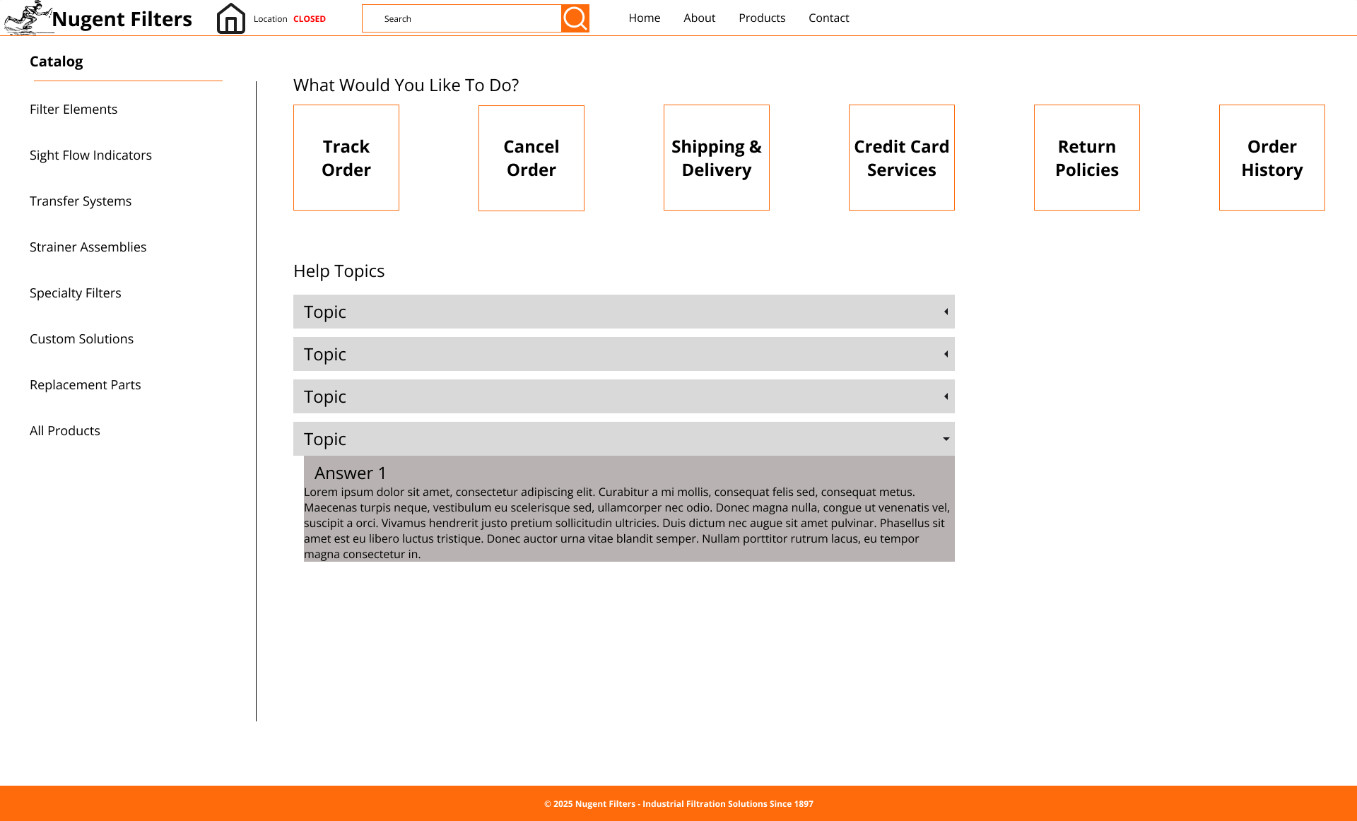 Lo-fi wireframe for Nugent Filters support page with order management and FAQ accordion