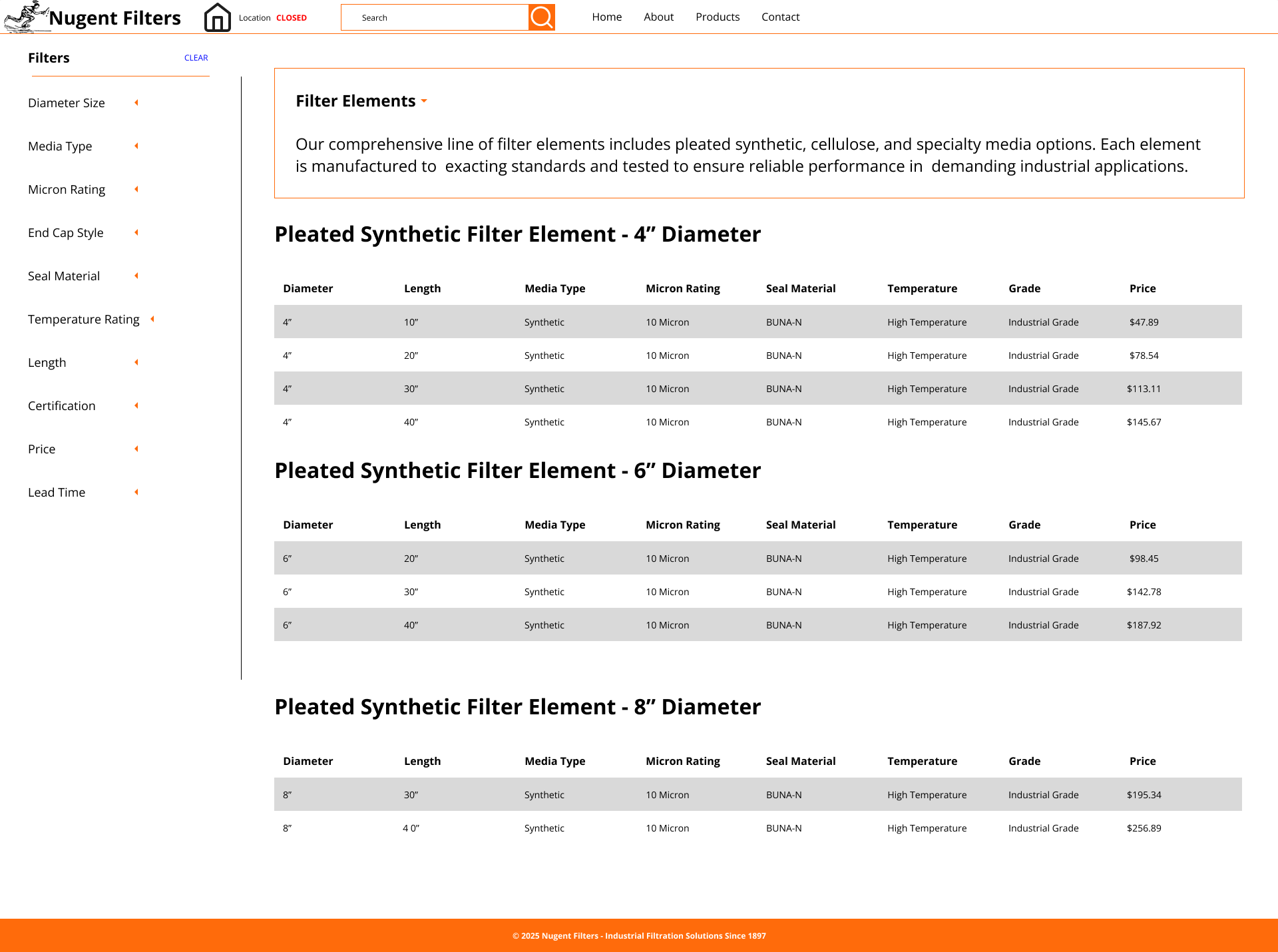Lo-fi wireframe for Nugent Filters product details page with filterable specs table and pricing