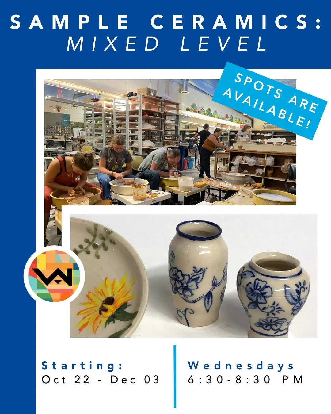 We have a 6 Week Sample Ceramics course starting on October 22nd. If you weren&rsquo;t able to sign up for a ceramics class for the beginning of this Fall semester, now you can! Sign up before it&rsquo;s too late.

If you&rsquo;re interested in takin