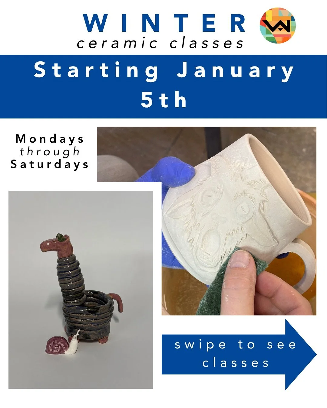 Next semester of ceramic classes starts January 5th. Sign up before there are no more spots (p.s. it fills up fast). There is also a new class called Family Pottery Fun! Go check out the details within our website.

If you&rsquo;re interested in taki