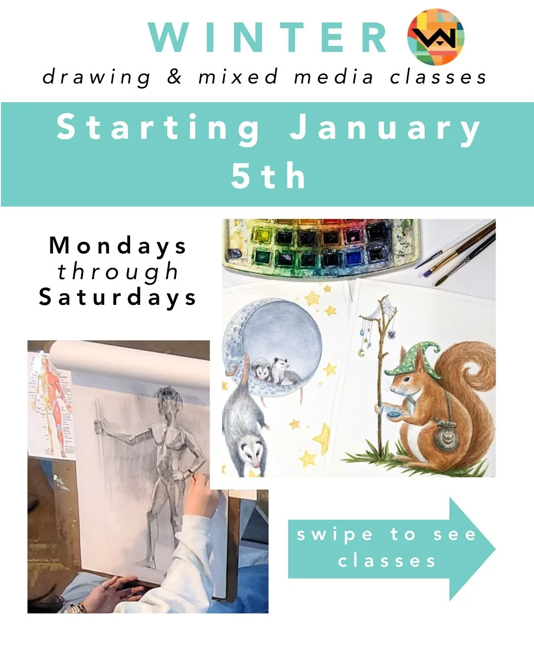 Next semester of drawing &amp; mixed media classes starts January 5th. From homeschool kids beginner art classes to adults wishing to hone their skills in anatomically correct figure drawing, there are a variety of classes offered for this upcoming w