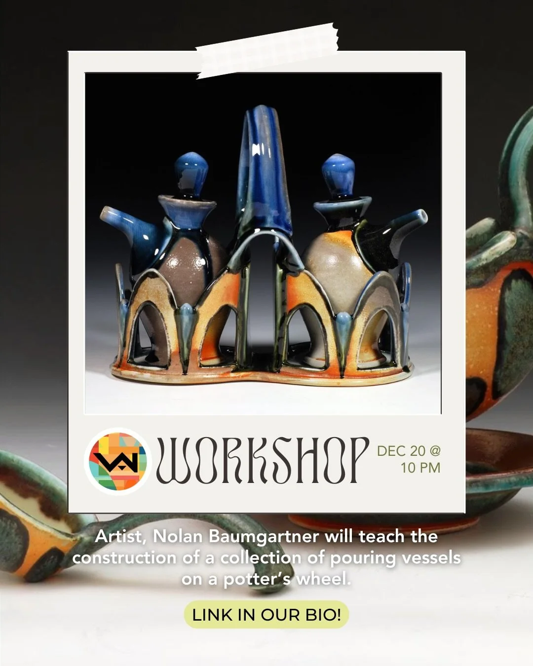 On Saturday, Dec 20th, from 10am-3pm, workshop artist, Nolan Baumgartner will teach/ demonstrate the construction of a collection of pouring vessels on a potter&rsquo;s wheel. Emphasis will be placed on designs and techniques for pouring vessels as w