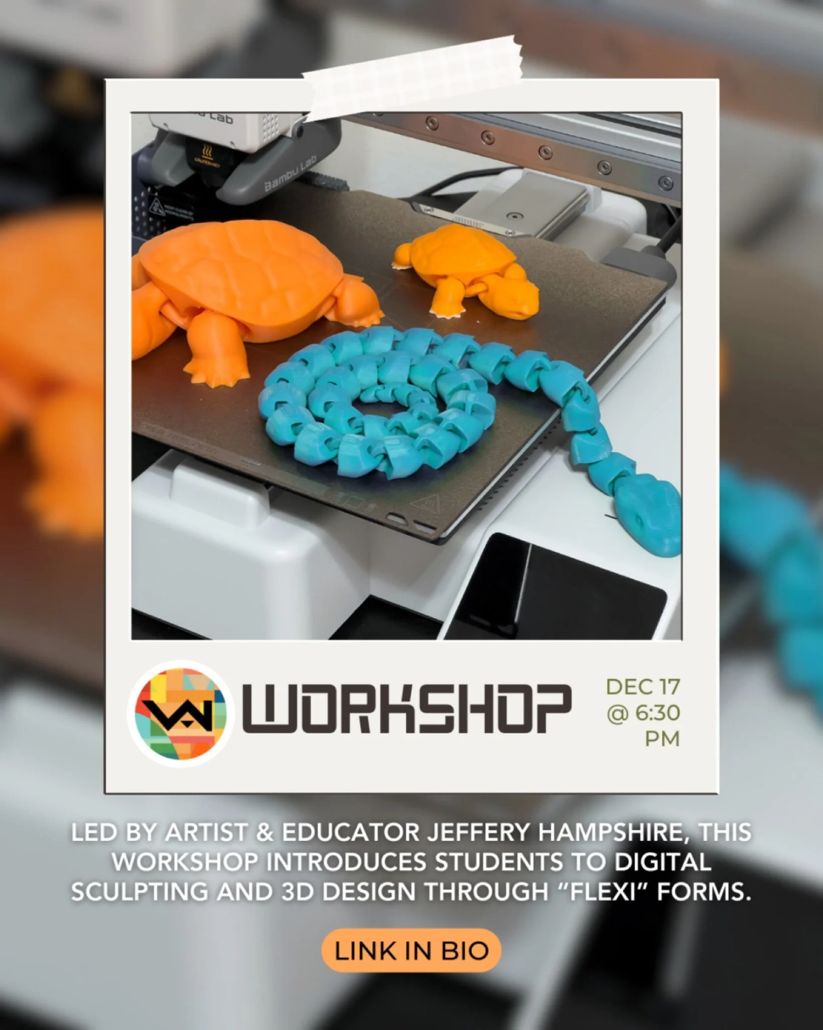 A 3D Printing Demo Workshop, Jeffery Hampshire, artist and educator, introduces students to digital sculpting and 3D design through the creation of articulated &ldquo;flexi&rdquo; forms. It will be on December 17th, from 6:30-8:30 PM.

If you&rsquo;r