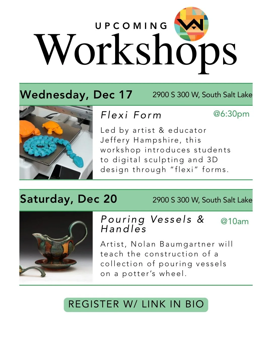 Bored with no art classes until winter semester? 2 upcoming workshops are posted and spots are available. Keep expanding your arsenal of knowledge, and get signed up!

If you&rsquo;re interested in taking any art classes, visit the link in our bio to