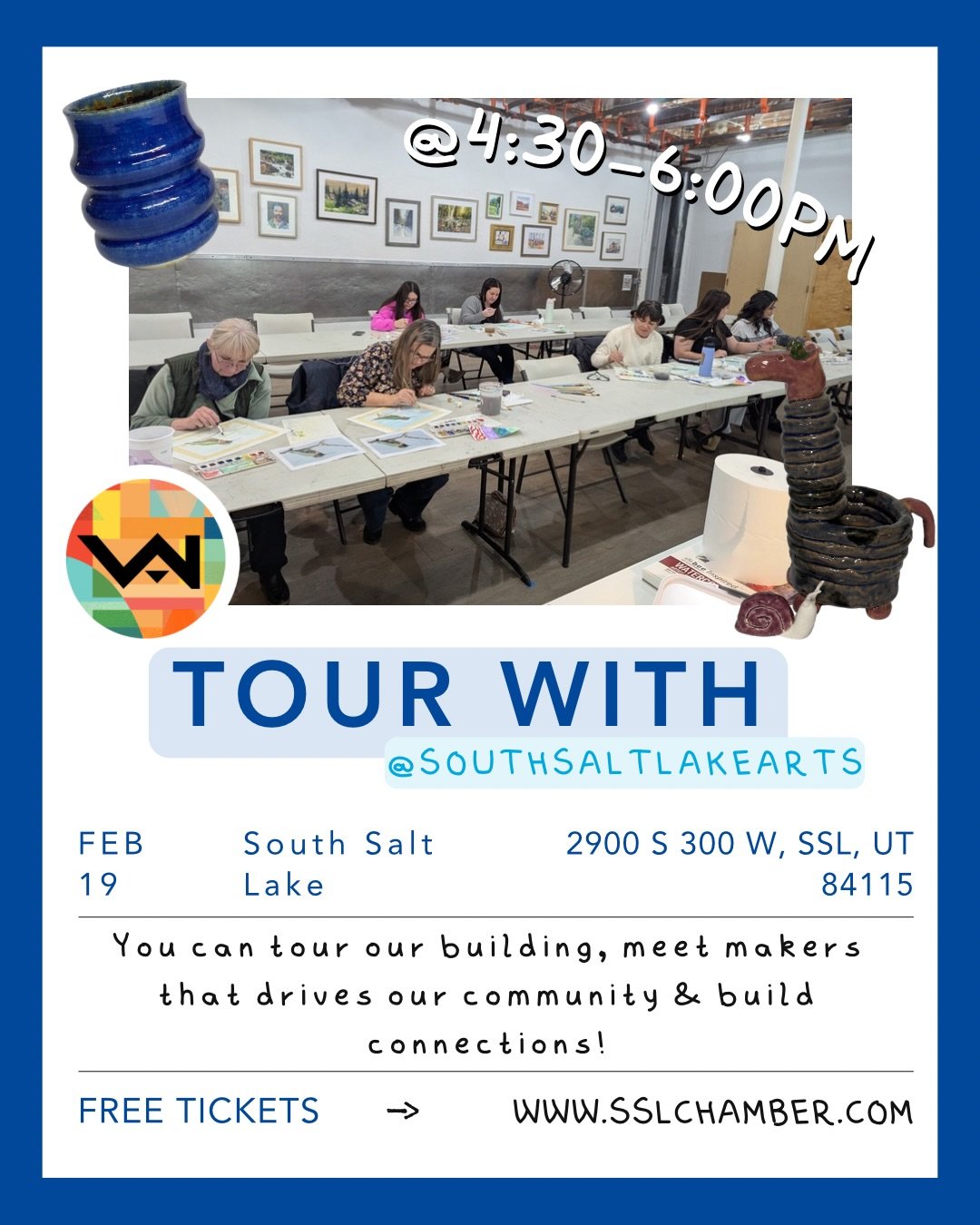 @southsaltlakearts is giving us a highlight! This is your chance to: 1. Tour our BIG building (fun fact: it was once a gym!) 2. Meet the markers in our local community 3. Networking!!

Details: Feb 19, 4:30-6PM, 2900 S 300 W, sign up for free at www.