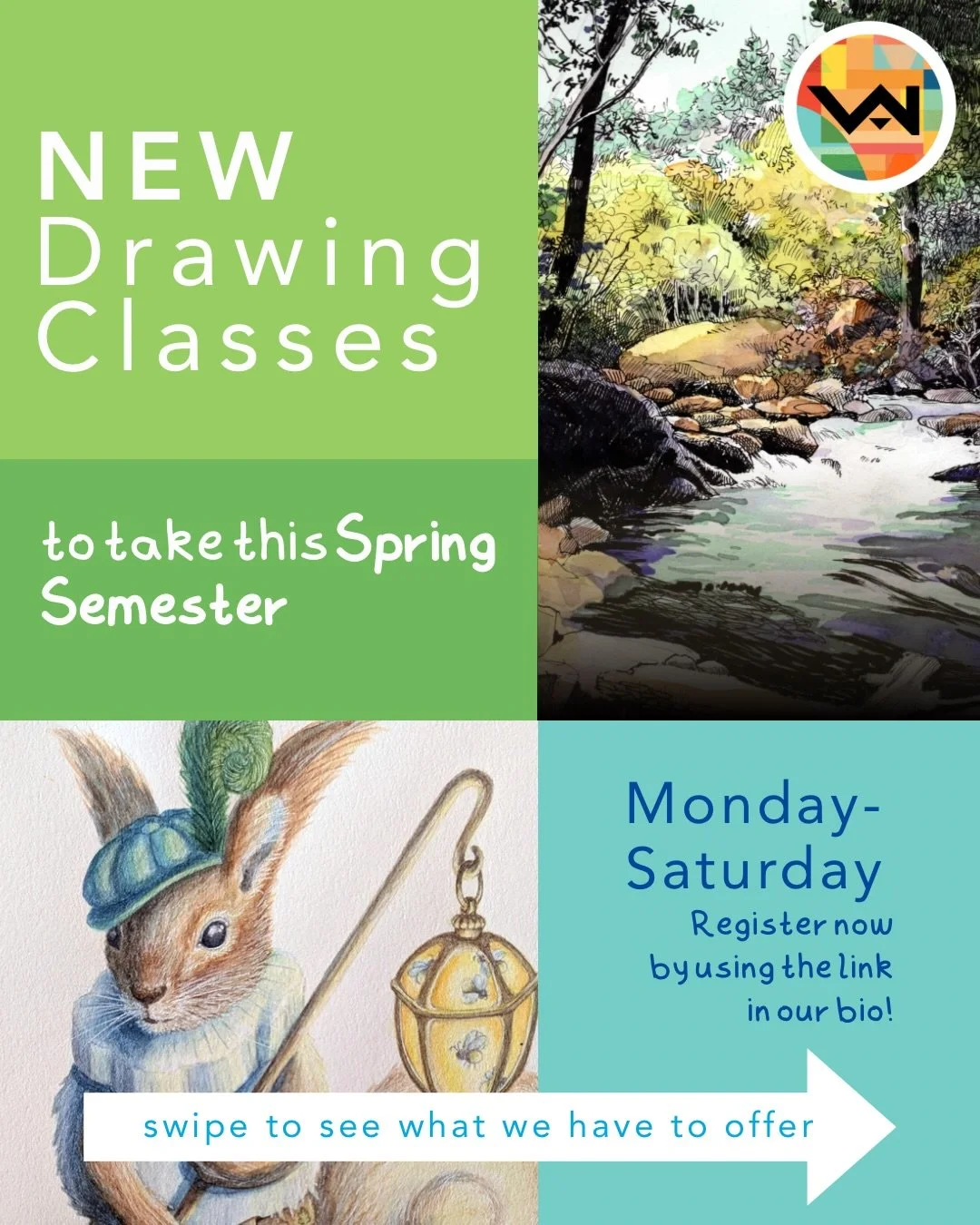 Scroll through to see some of the Drawing &amp; Mixed Media classes offered for this Spring semester. 

If you&rsquo;re interested in taking any art classes, visit the link in our bio to learn more and register today! 

If you have any questions at a