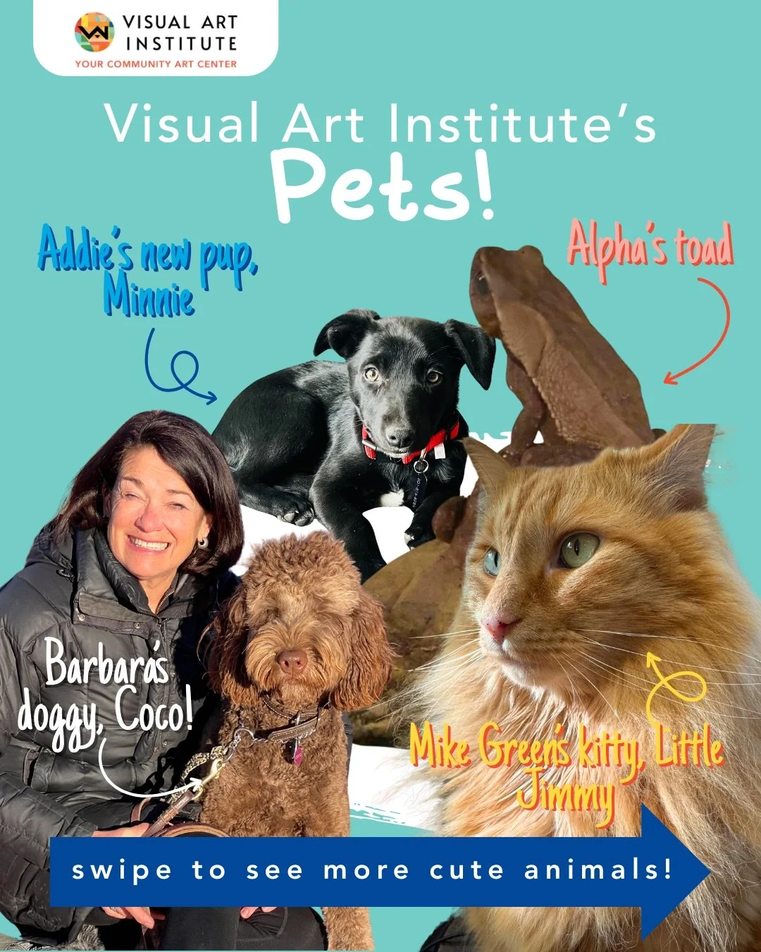 EVERYONES PETS! From dog&rsquo;s to frog&rsquo;s, check out our animal family amongst our staff and art faculty. Interested in showing off your pet, make sure it&rsquo;s art + VAI themed, tag us @visualartinstitute and use #myvaipet in the descriptio