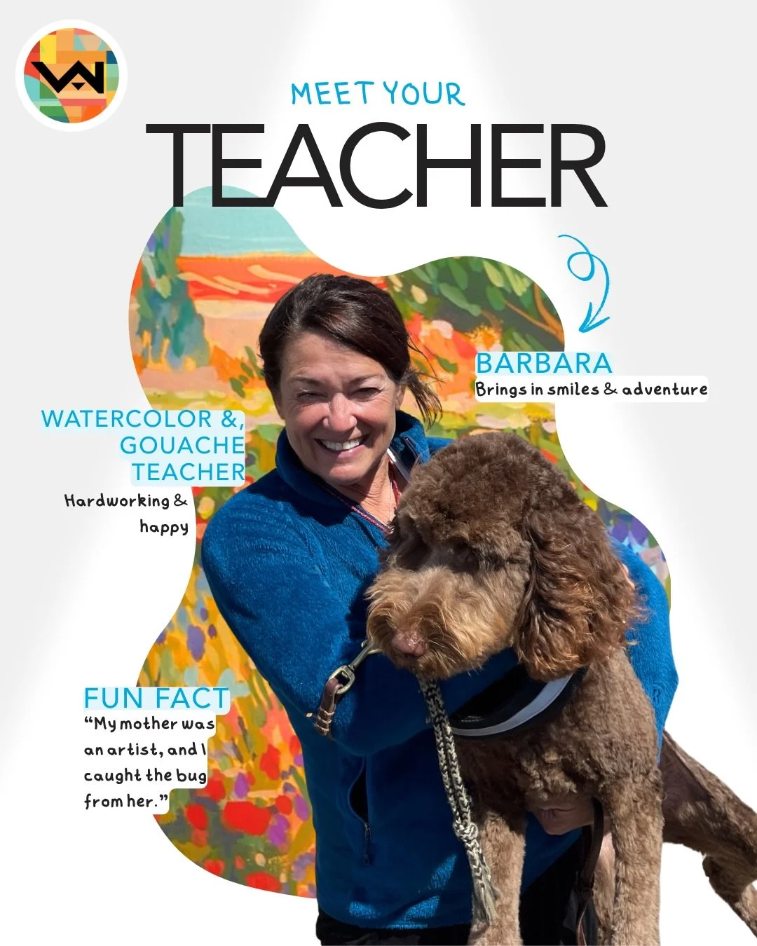 Meet Barbara (and her doggy Coco), our watercolor+gouache teacher &amp; our in house adventurer at our South Salt Lake location! 

If you&rsquo;re interested in taking any art classes, visit the link in our bio to learn more and register today! 

If 