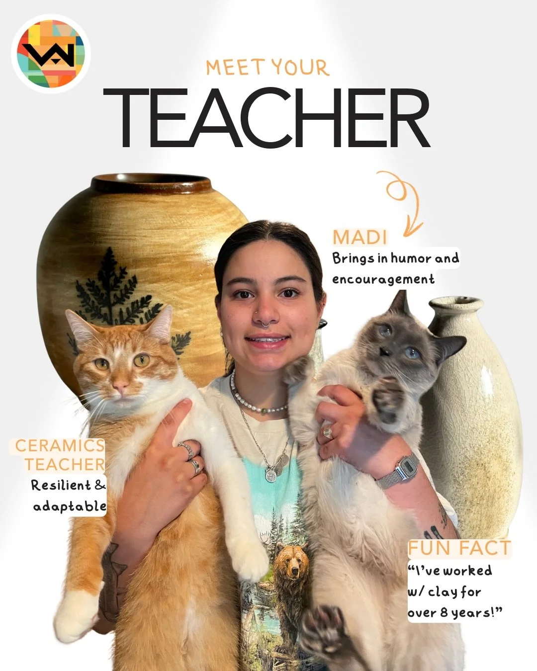 Madi is one of our newest members amongst our ceramics staff, teaching our ceramics: beginning &amp; intermediate class. She brings in humor and encouragement into the classroom (perfect for beginners) 😁

If you&rsquo;re interested in taking any art