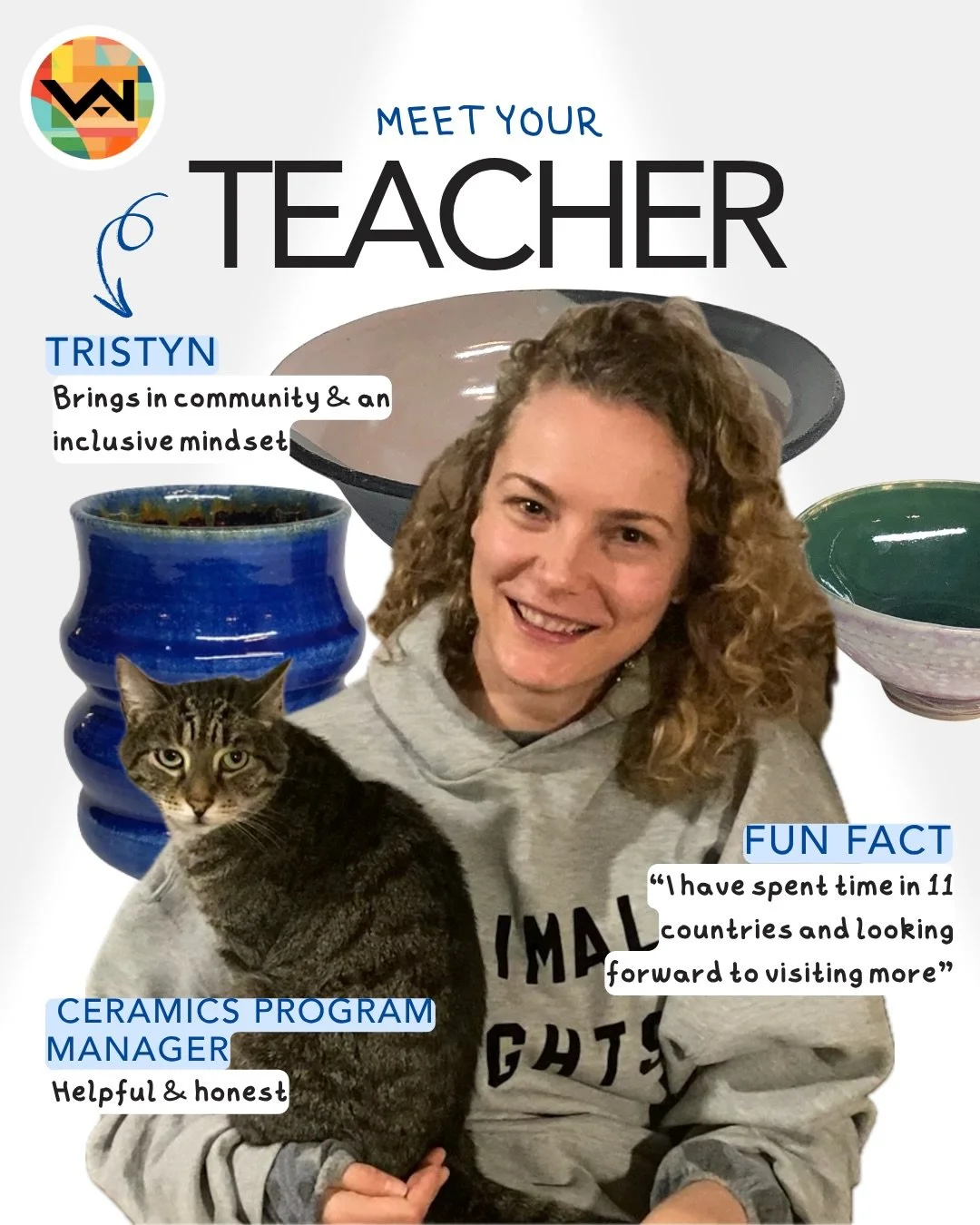 Meet @tristyn_b (and her kitty named Rocky), our Ceramics Program Manager. She brings in experience, a strong work ethics, and a community based, inclusive mindset to the classroom. Interested in trying out ceramics over the summer? Tristyn will be t