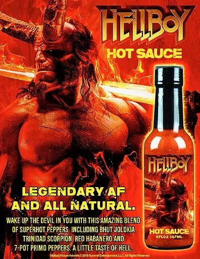 Hellboy Hot Sauce , containing a mix of Bhut Jolokia, Trinidad Scorpion, Red Habanero and 7-Pot Primo Peppers.