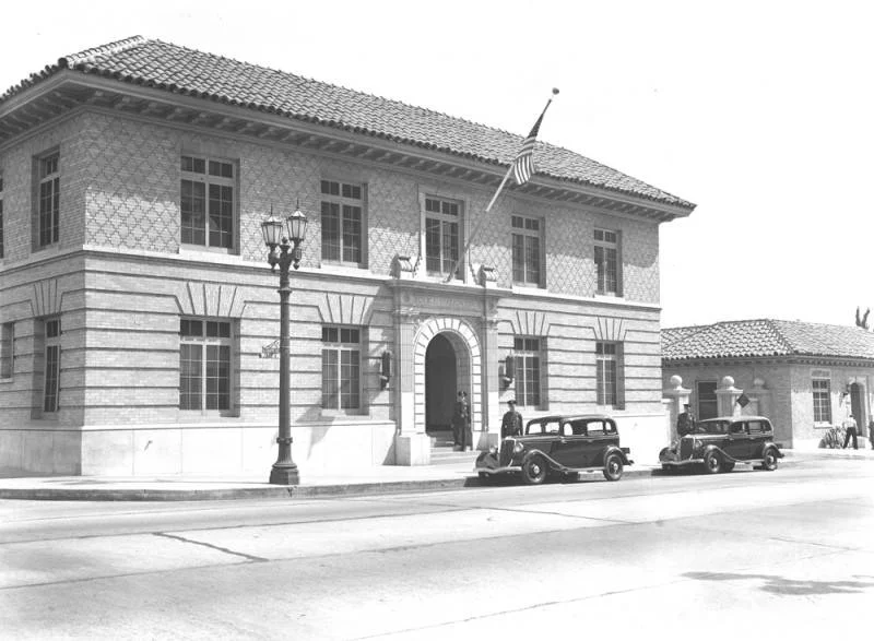 The “newer” old hollywood police station and receiving hospital, located at 1358 Wilcox Avenue. On the right IS A Google Street View from the same angle OF The current - and decidedly less ornate - Hollywood Station, built in the late 70s AND located at the same site.. photo courtesy: los angeles public library