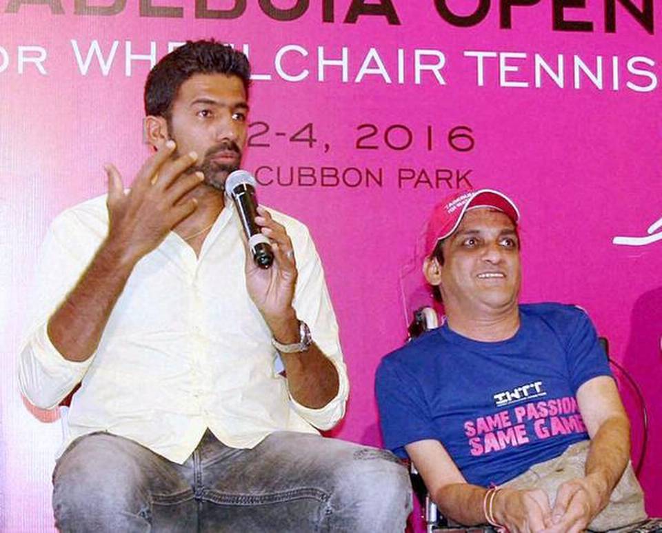 Rohan Bopanna speaks at the launch of Indian Wheelchair Tennis Tour’s Tabebuia Open in Bengaluru on Tuesday, along side Sunil Jain, founder-trustee of ASTHA.