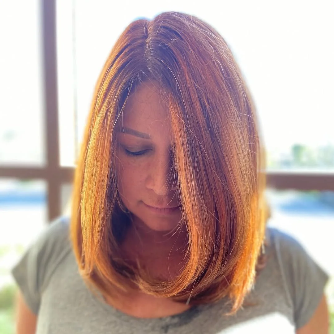 6-hour color correction complete. From dark color build up with light in the end to a gorgeous, rooted copper red balayage!