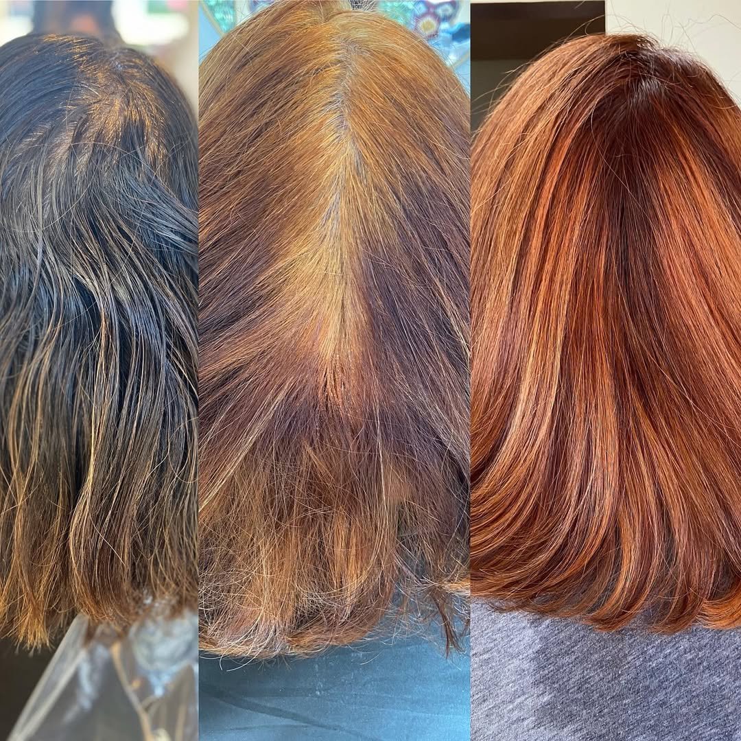 6-hour color correction. From dark color build up with light in the end to a gorgeous, rooted copper red balayage!