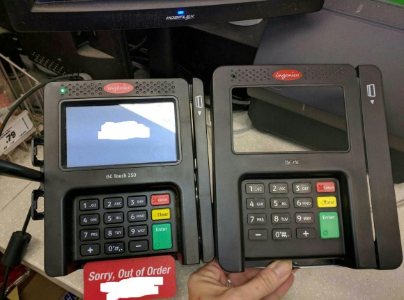 The entire front fast of this POS terminal is replicated to steal data from the magnetic strip as well as the PIN from the keypad