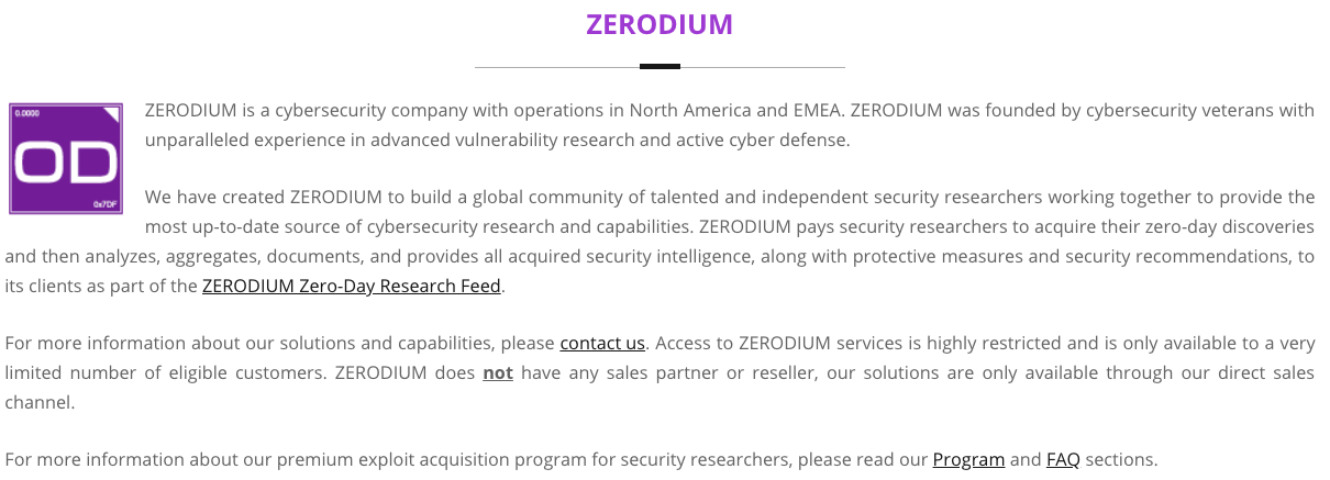 Zerodium’s “About Us” page, notable missing a code of ethics or conduct.