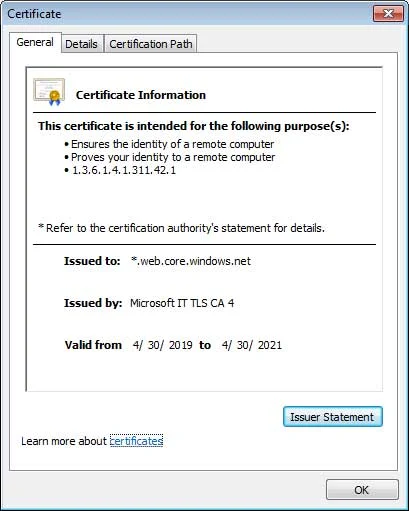 A valid SSL certificate signed by Microsoft