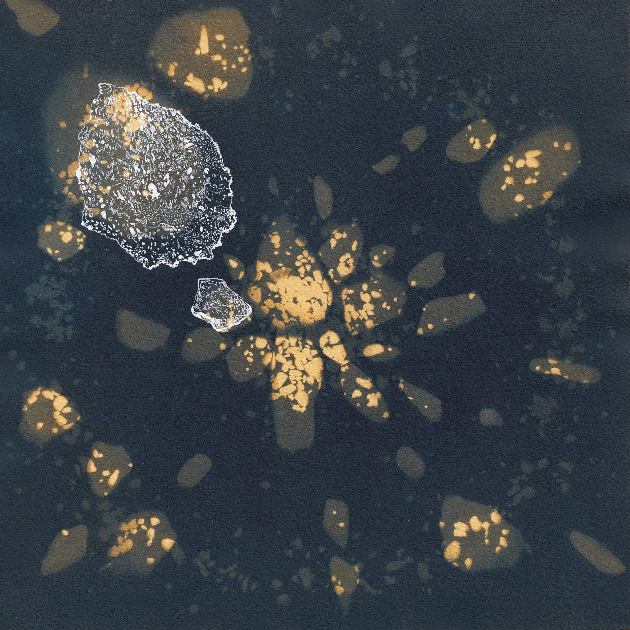 Orbital Bodies 1 | Toned cyanotype with ink on Arches | 2026 | 11.5 x 11.5"