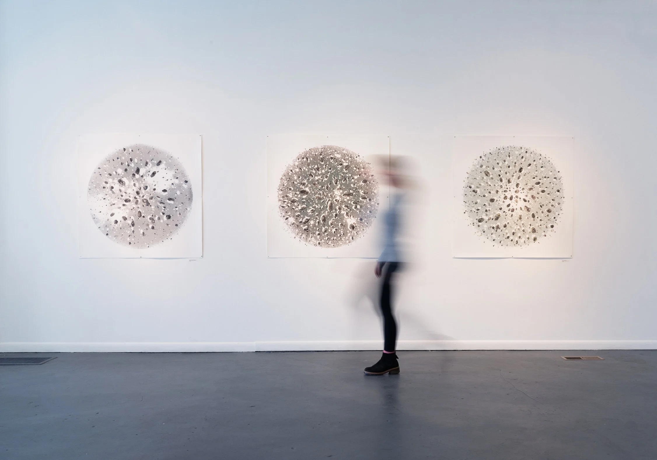 StarDiscs NGC2168, NGC2264 (Cone Nebula), and NGC2158 installed | Watercolor, ink and archival print on paper | 2024 | 44 x 44" inch each 
