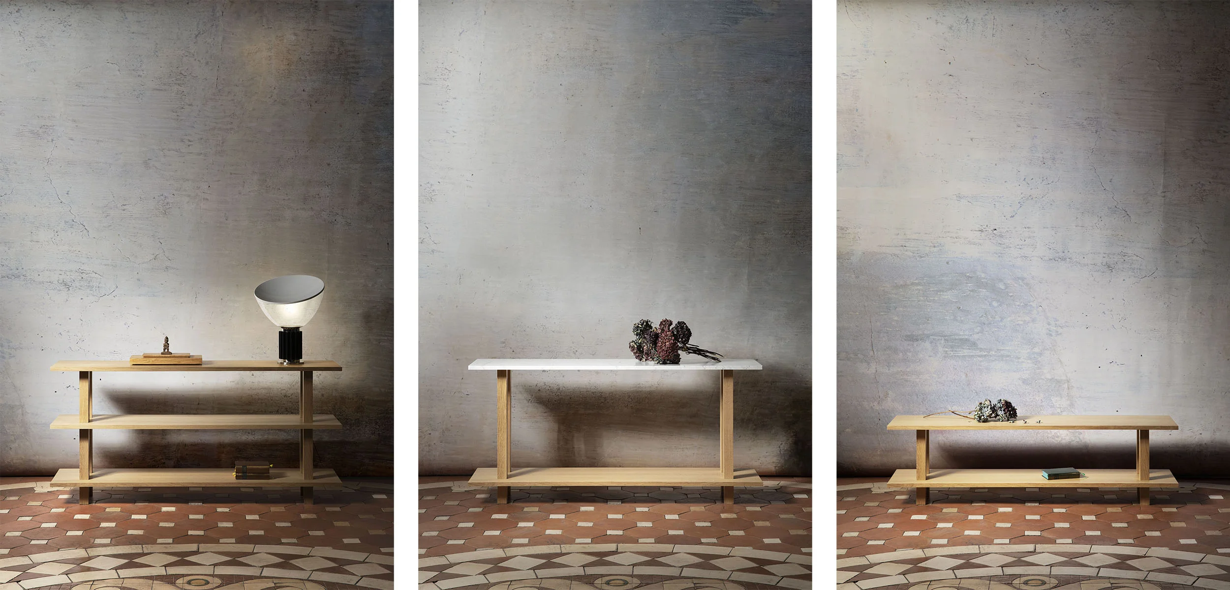Configurations de meubles de salon ouverts en chêne massif huilé avec top bois ou marbre, consoles et bancs