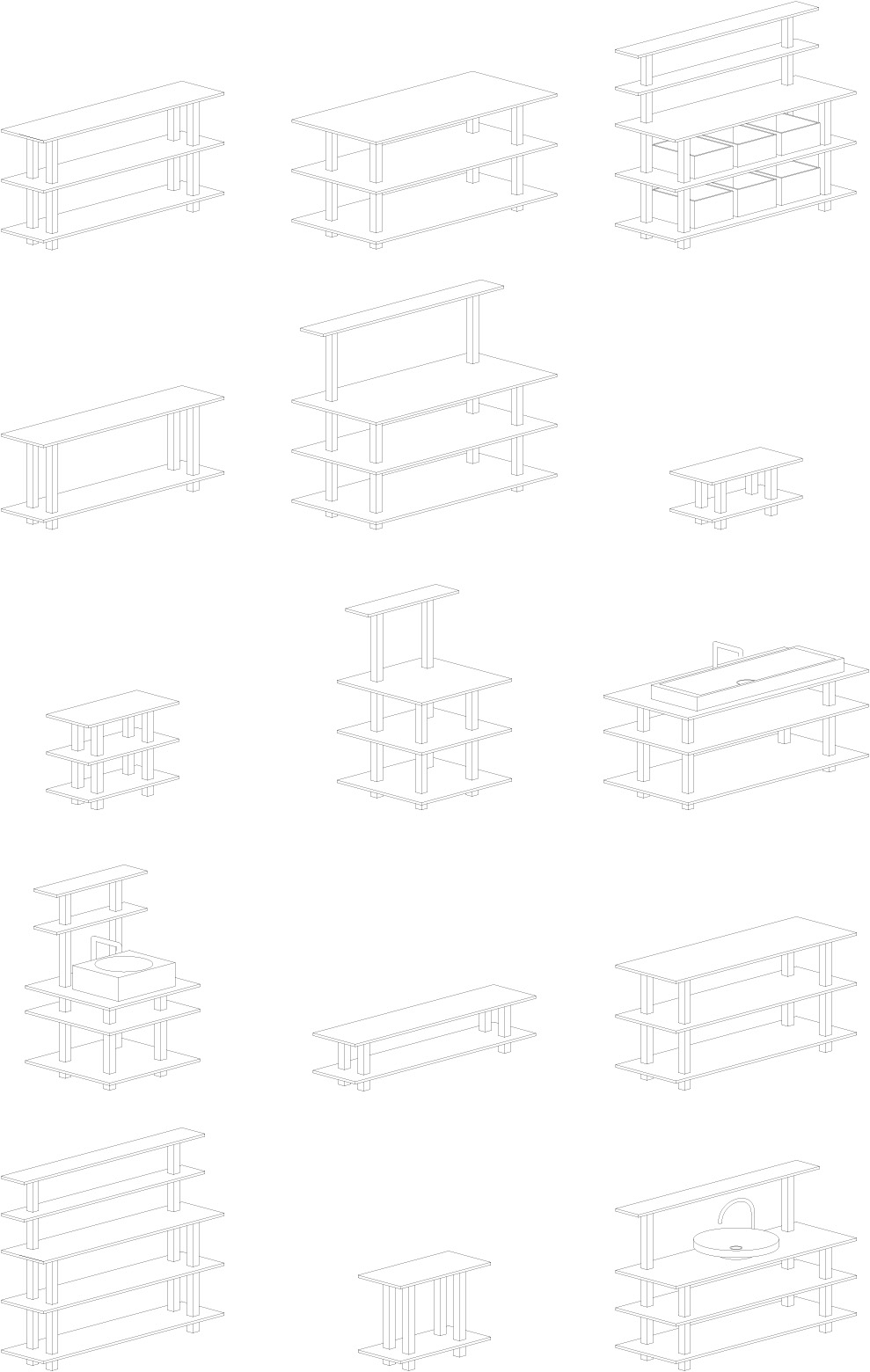 Exploded view of the solid oak elements that compose the PLATEFORME furniture