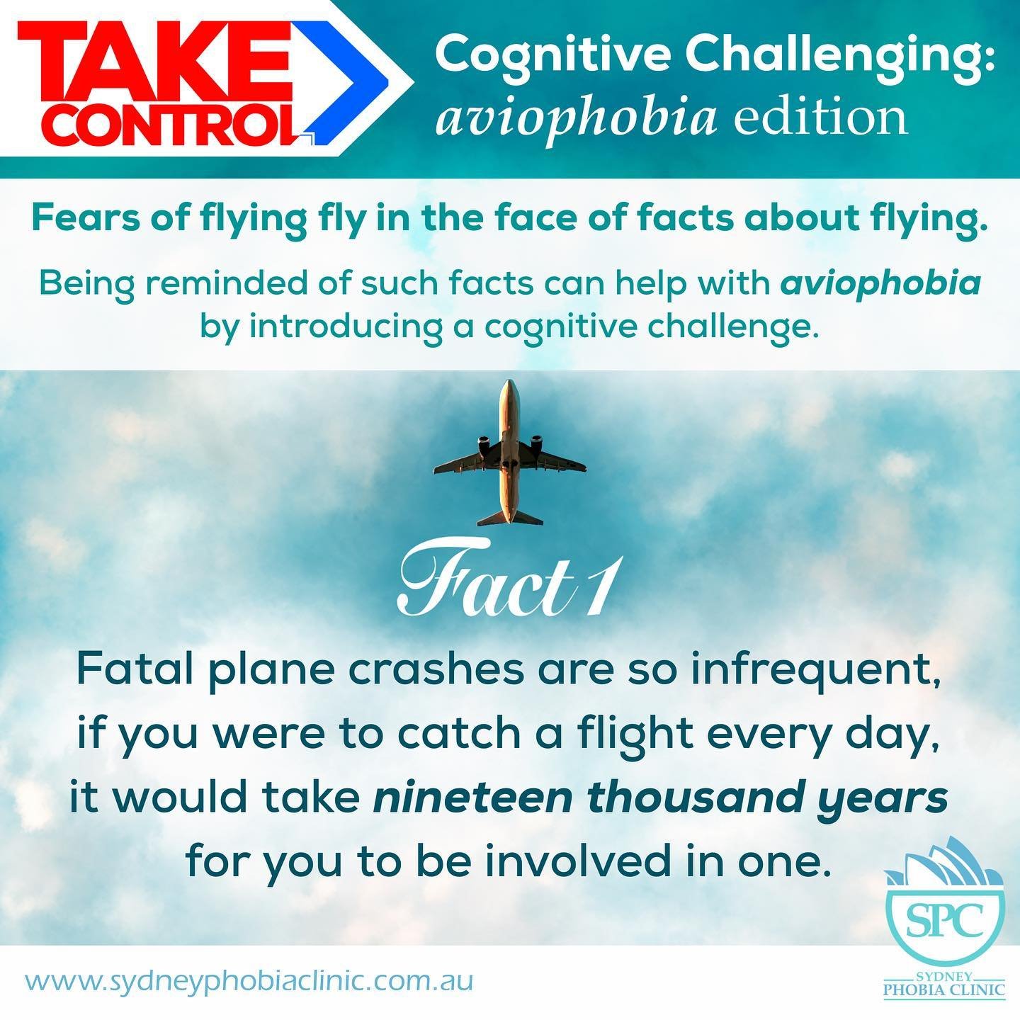 Cognitive Challenging: Aviophobia Edition
Fears of flying fly in the face of facts about flying. Being reminded of such facts can help with aviophobia by introducing a cognitive challenge.

Fact 1:
Fatal plane crashes are so infrequent, if you were t